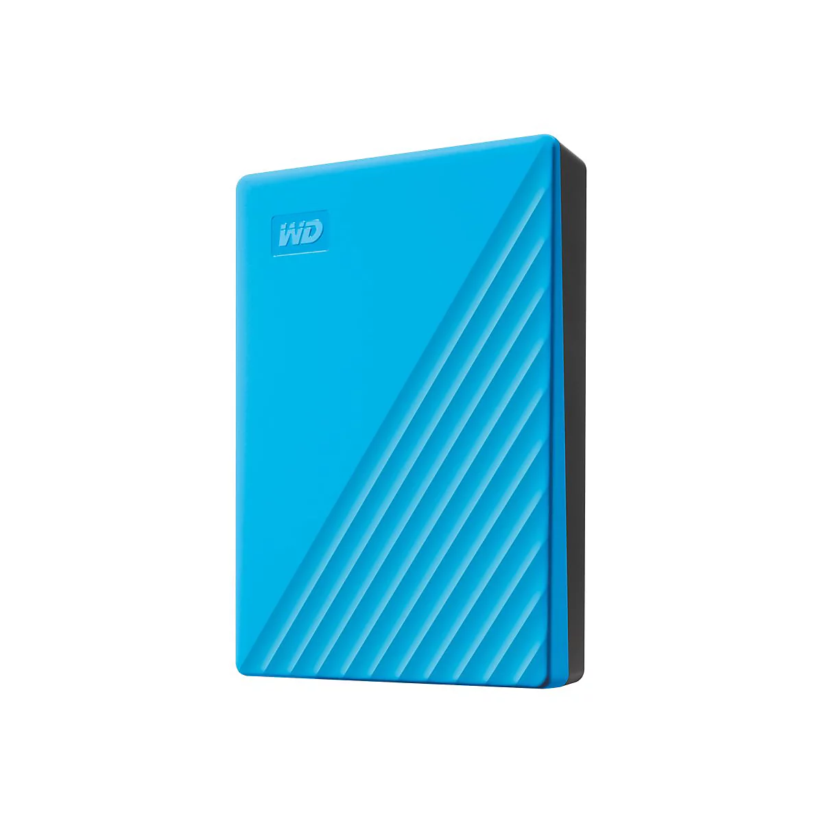 Disque dur externe bleu avec logo "WD" et motif nervuré sur fond blanc.