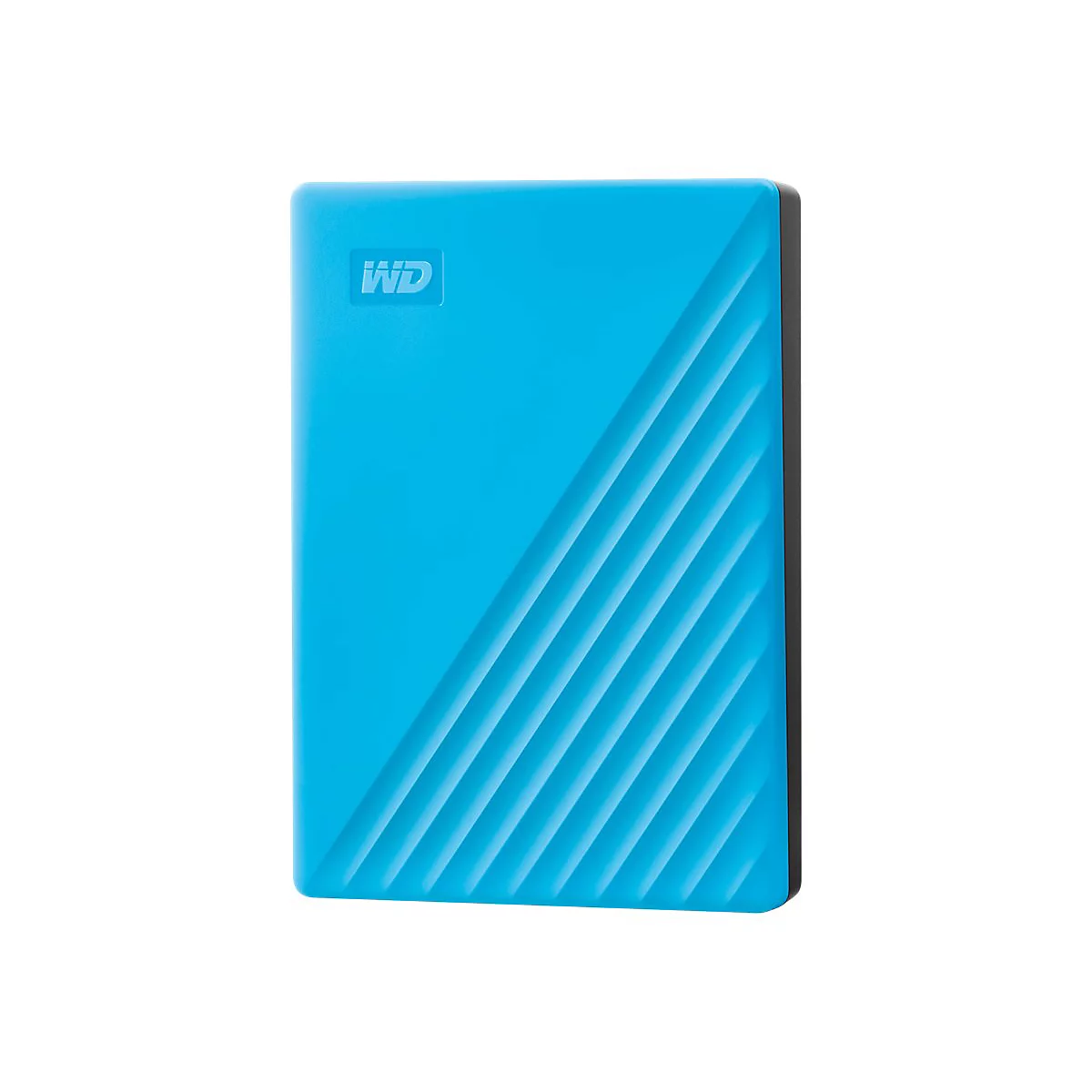 Disque dur externe bleu avec logo WD et motif rainuré. Bord latéral noir. Fond blanc.