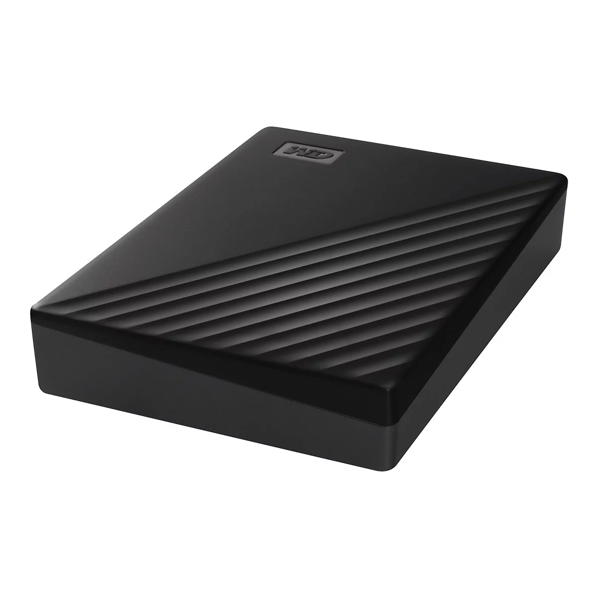 Disque dur externe noir avec surface nervurée, logo WD.