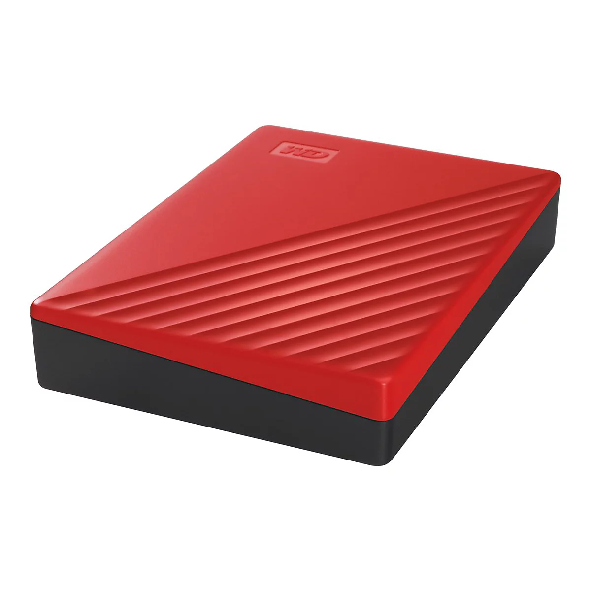 Disque dur externe rouge et rectangulaire. Dessus rainuré, logo en haut à gauche. Cadre noir.