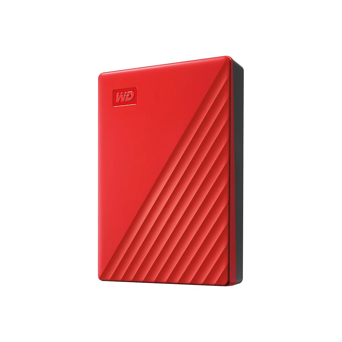 Disque dur externe rouge avec logo WD et surface striée.