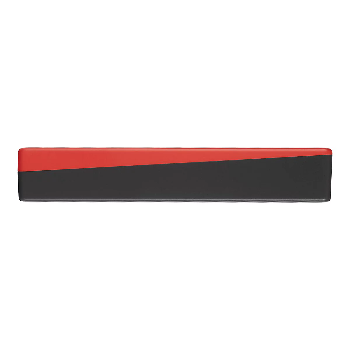 Un objet rectangulaire bicolore, rouge/noir. Rouge en haut, noir en bas, ligne de séparation diagonale.
