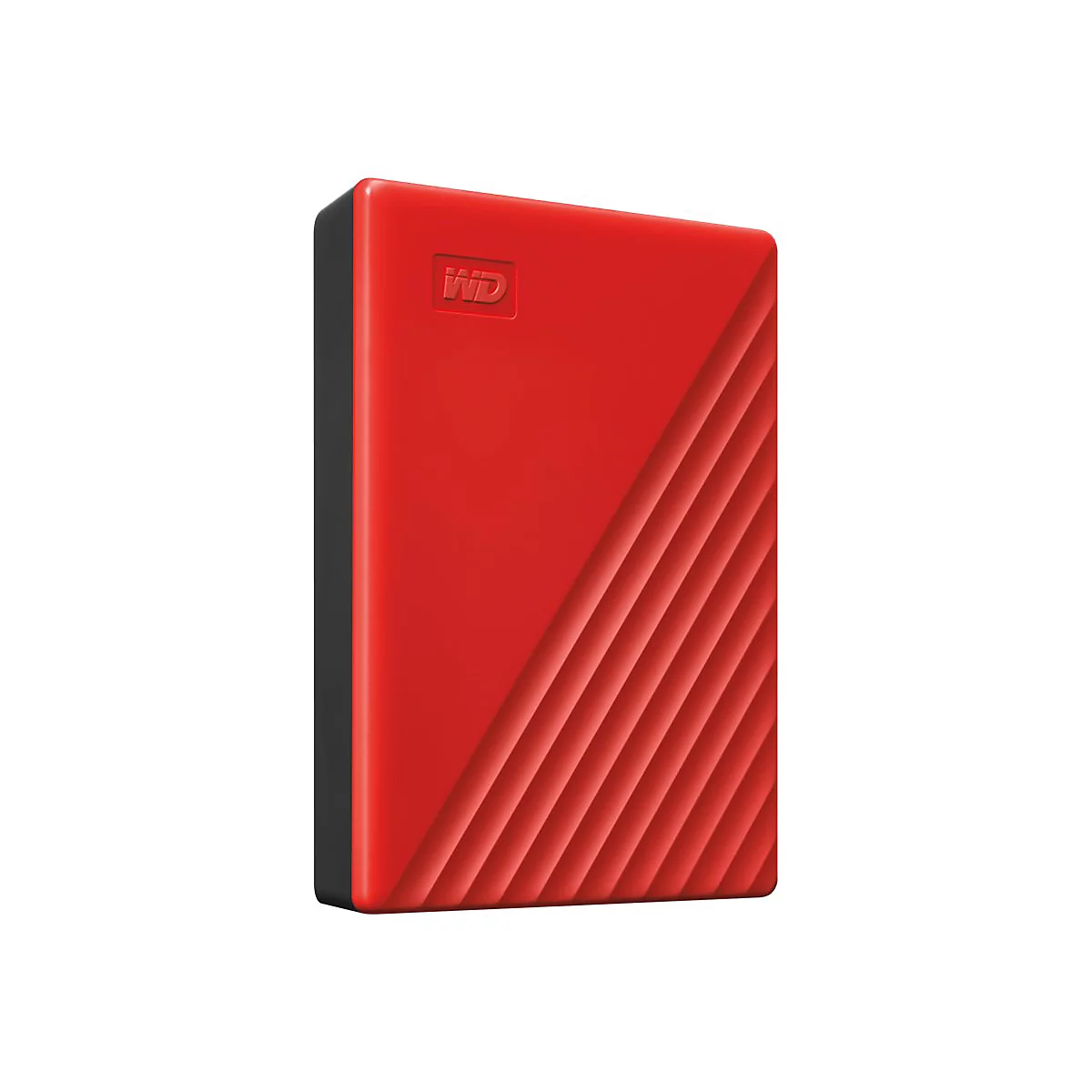 Disque dur externe rouge. Le logo WD est visible sur la surface, ainsi qu'un design nervuré.