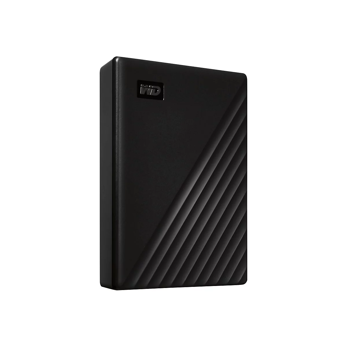 Disque dur externe noir avec motif rainuré, logo WD.
