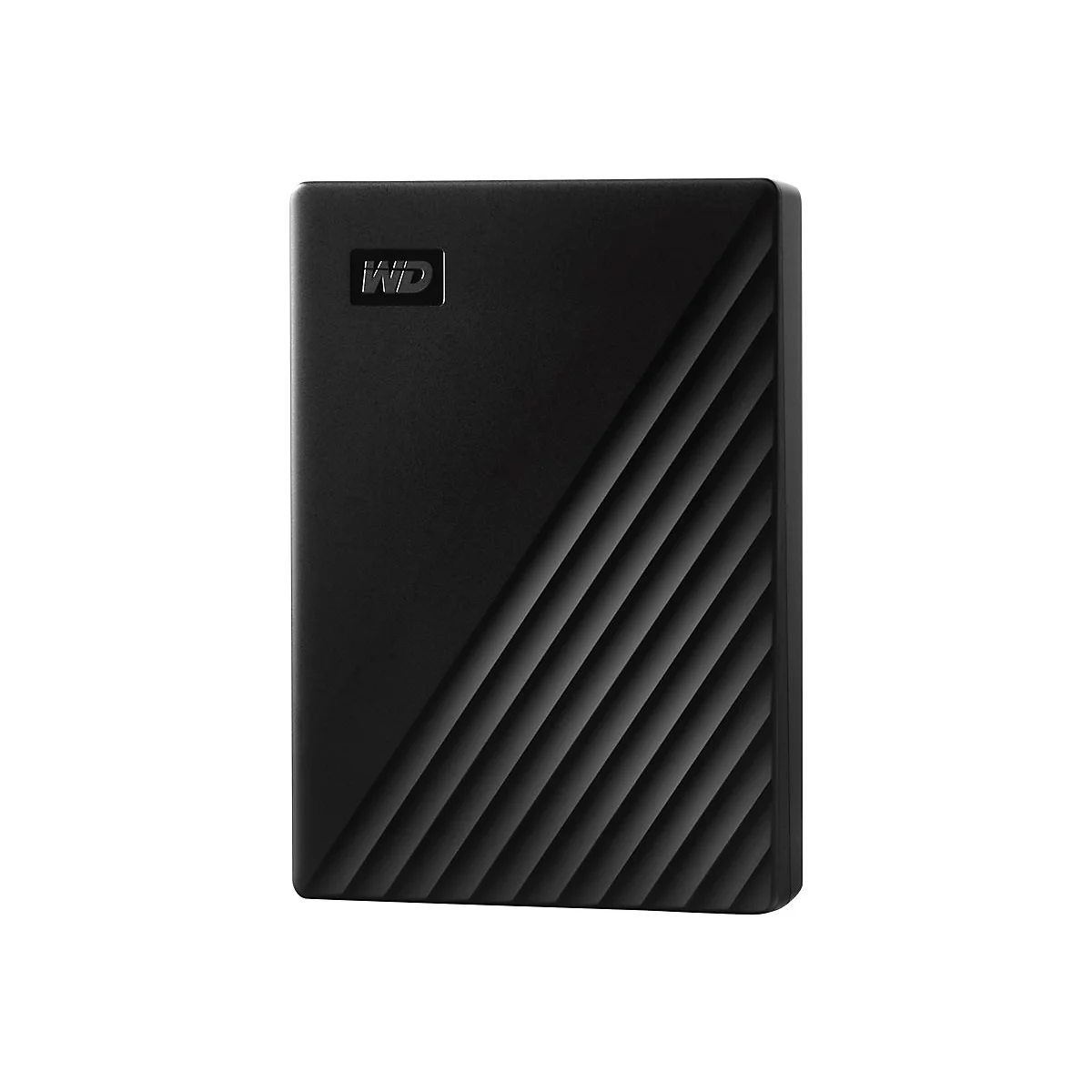 Disque dur externe noir avec logo WD et nervures diagonales.