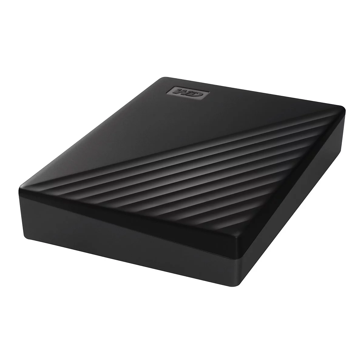 Disque dur externe noir avec une surface nervurée. Le logo WD est en haut à gauche, le boîtier a un léger éclat.