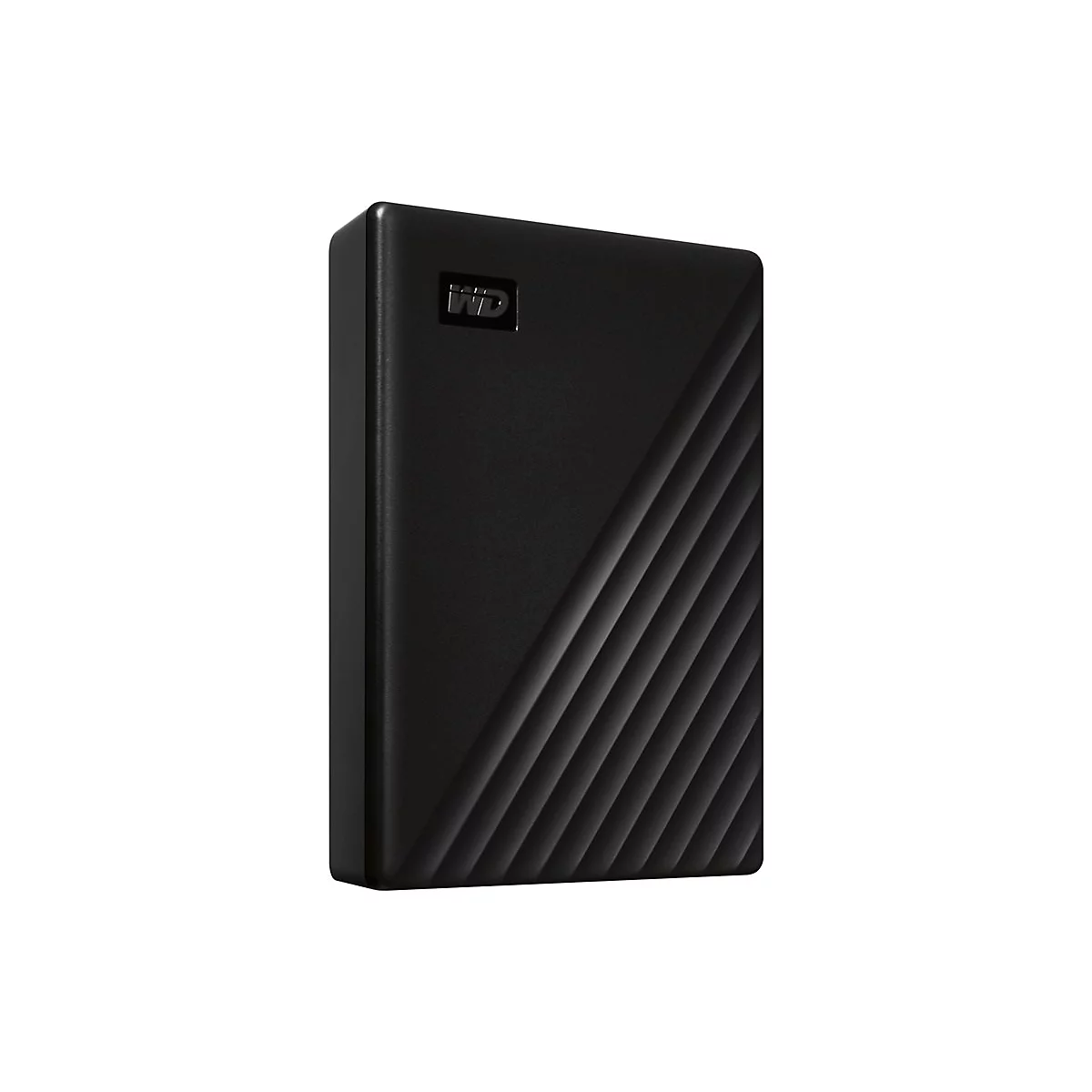 Disque dur externe noir avec rainures diagonales et logo WD.