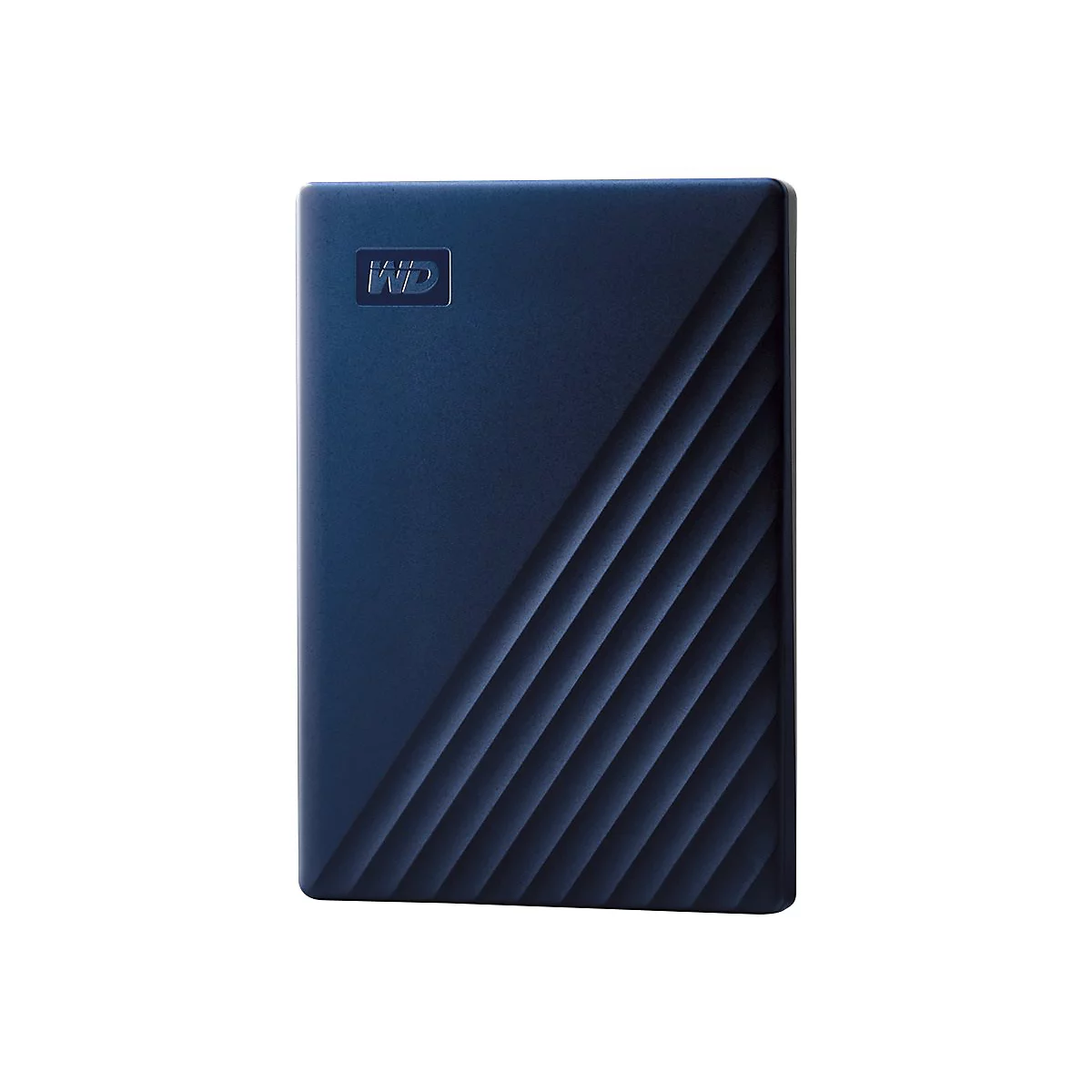 Disque dur externe bleu foncé avec logo WD et structure diagonale.