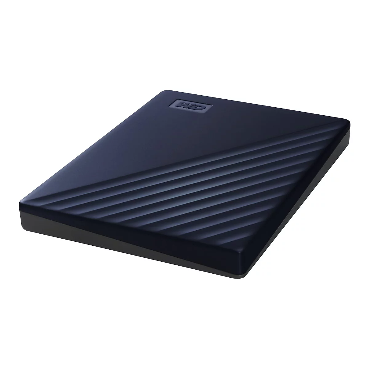 Disque dur externe rectangulaire bleu foncé. Une partie de la surface présente de fines rainures parallèles.