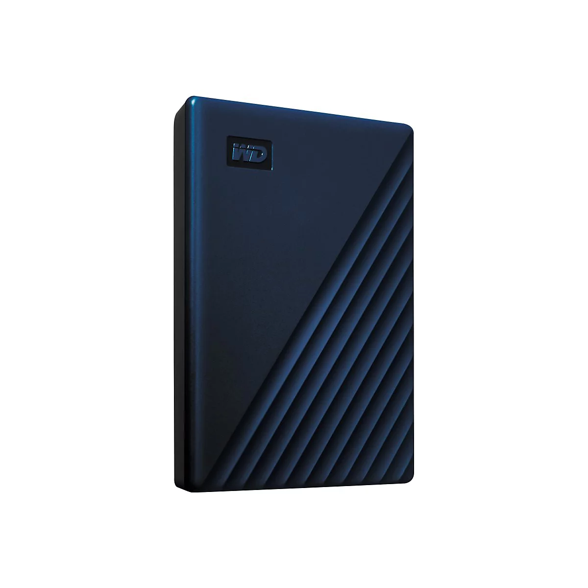 Dunkelblaue externe Festplatte mit Rippenmuster und WD-Logo. Sie steht vor weißem Hintergrund.