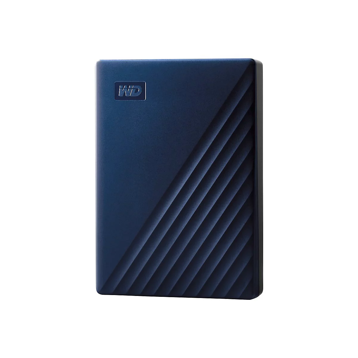 Dunkelblaue externe Festplatte mit WD-Logo und diagonaler Struktur.