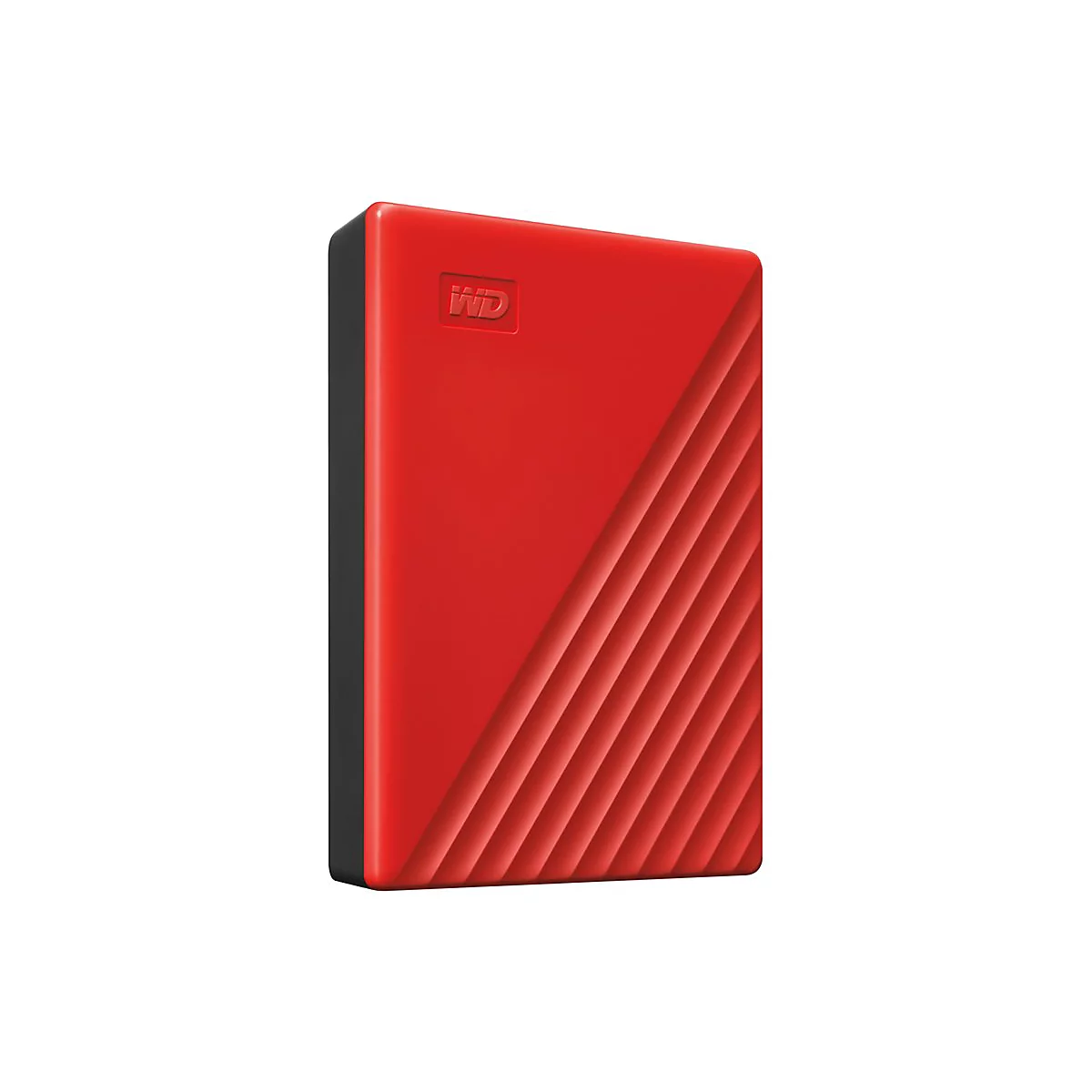 Disque dur externe rouge rectangulaire avec logo WD, sur fond blanc.