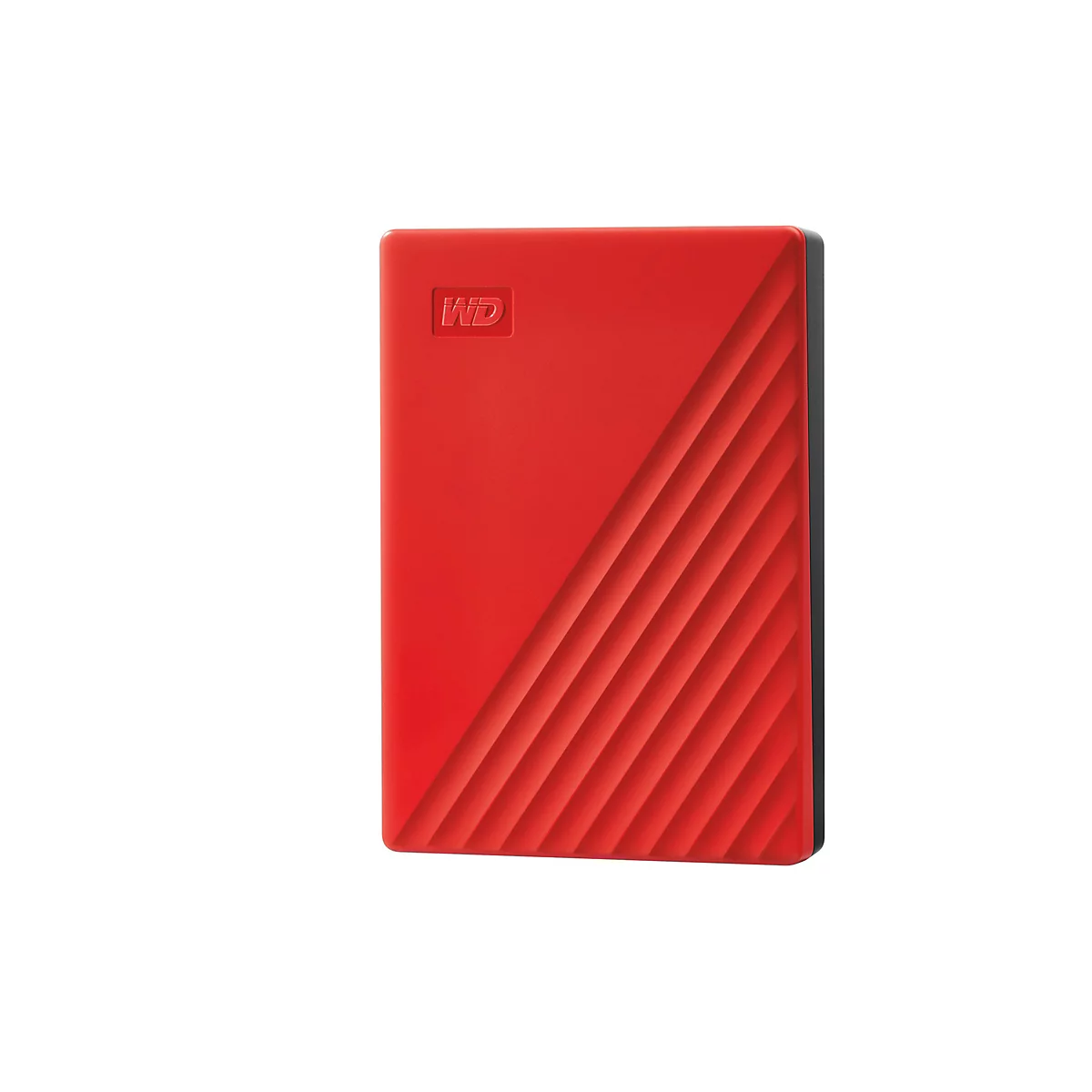 Disque dur rouge et rectangulaire avec le logo WD. Un côté présente des rainures diagonales.