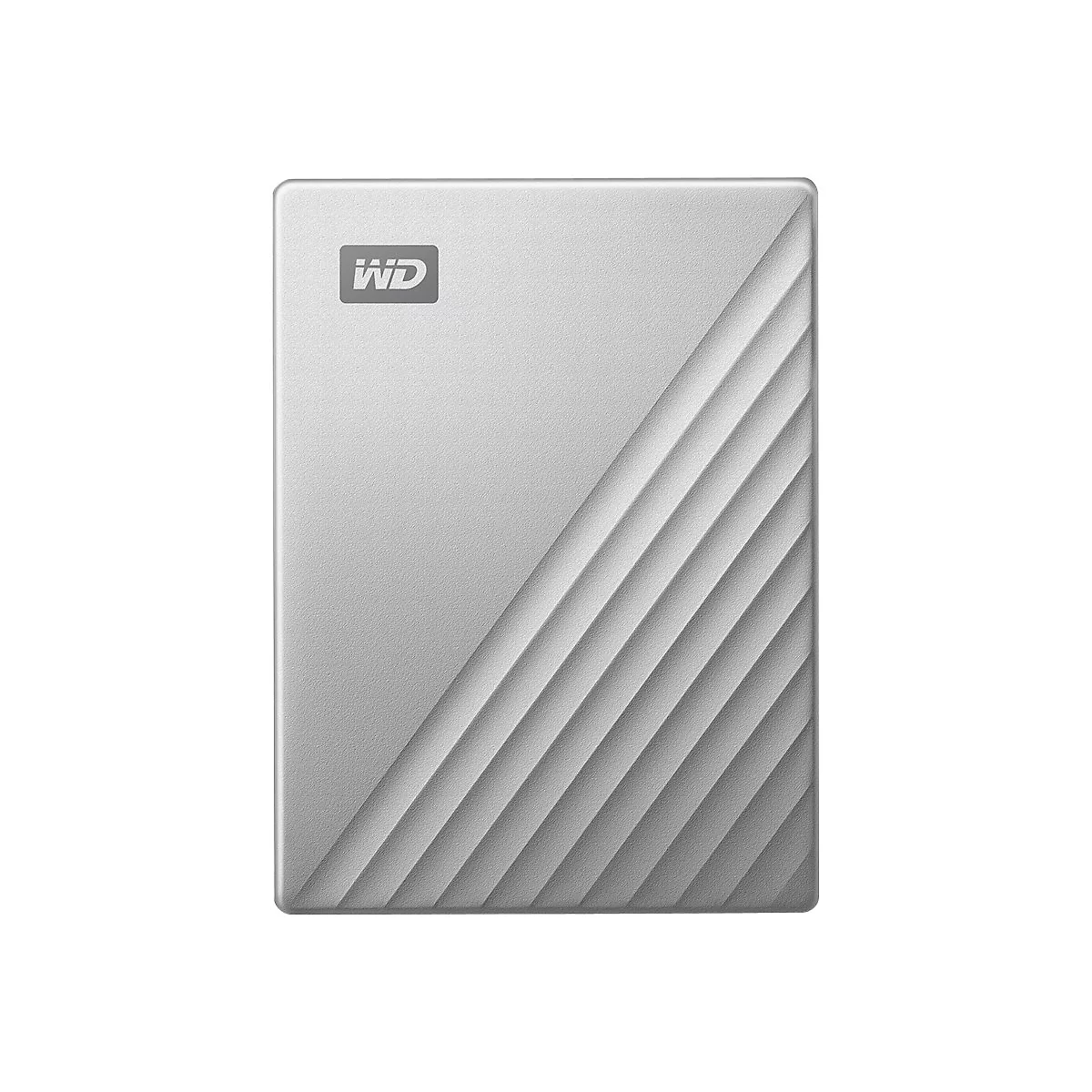 Disque dur externe argenté, logo WD, surface rainurée en diagonale.