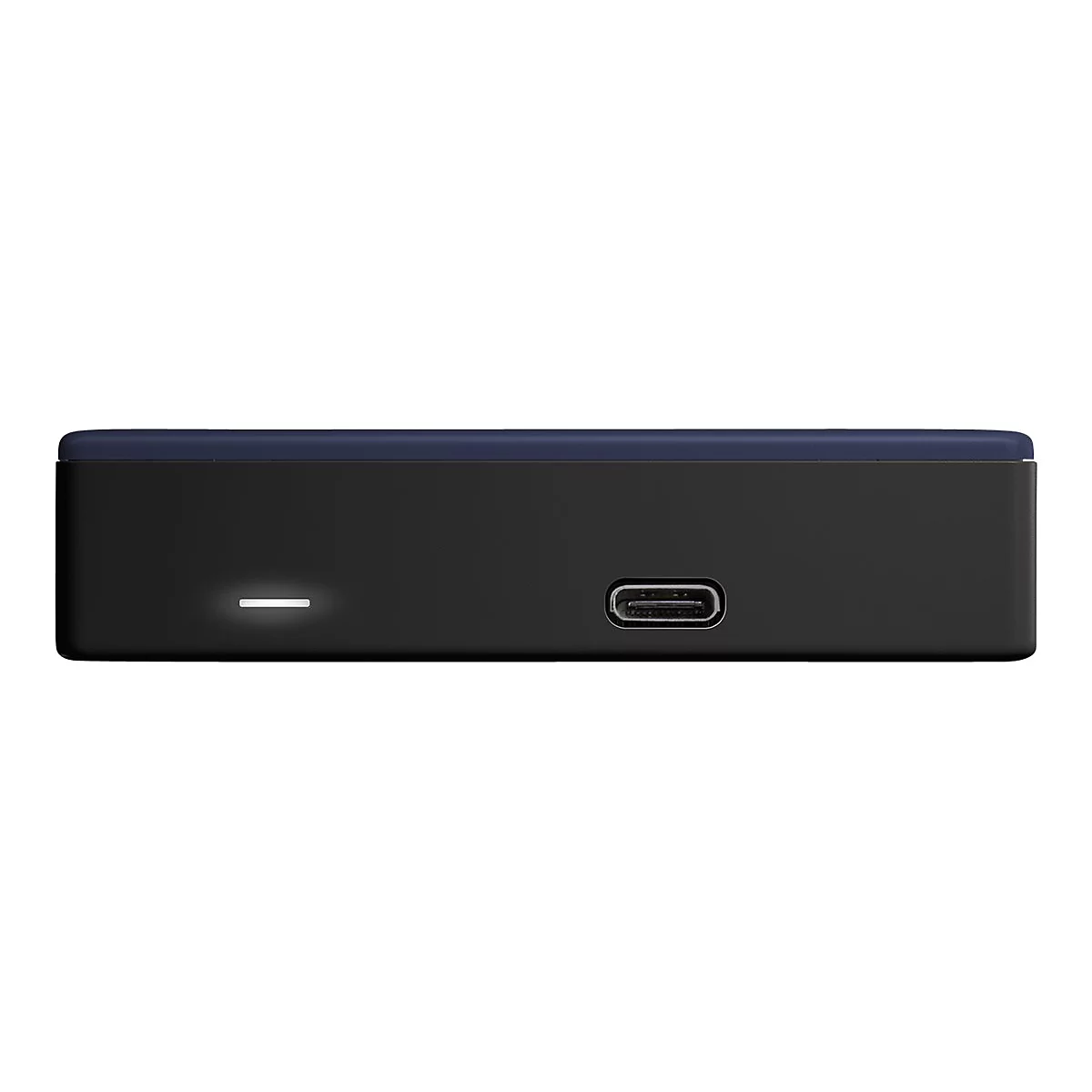 Appareil noir avec port USB-C et dessus bleu. Une lumière blanche est en bas.