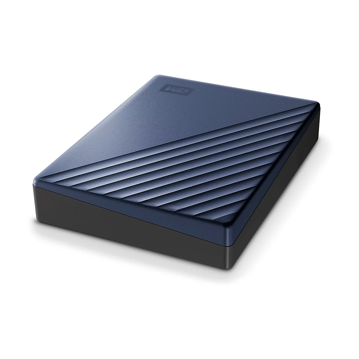 Disque dur externe bleu foncé avec surface nervurée. Base noire, fond blanc.