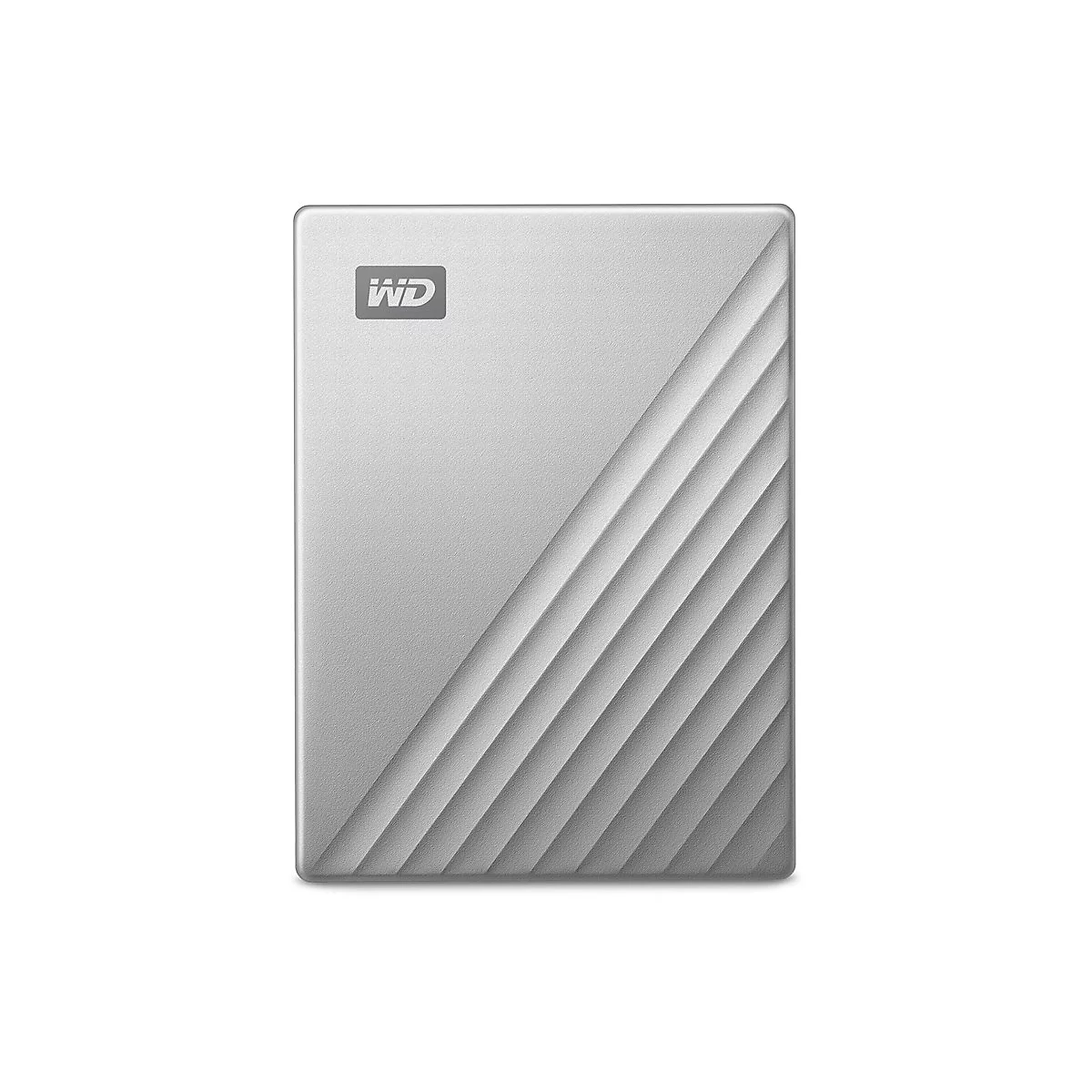 Disque dur externe argenté et rectangulaire avec une texture rainurée en diagonale. Le logo WD est en haut à gauche.
