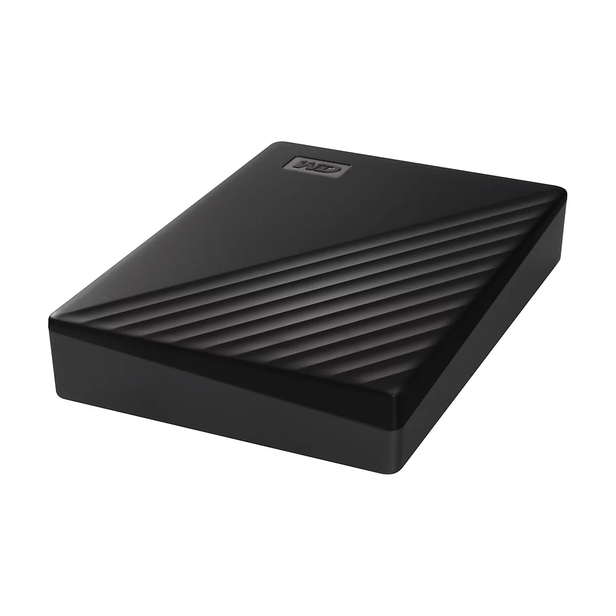 Disque dur externe noir avec surface nervurée. Logo WD en haut à droite.