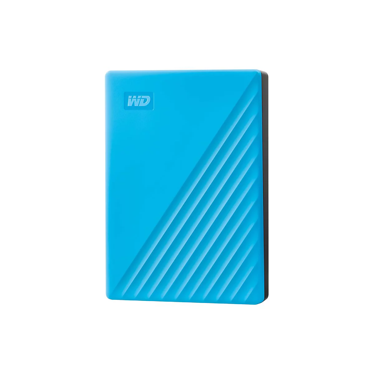 Disque dur portable bleu, logo WD, motif rainuré diagonal, bord noir.