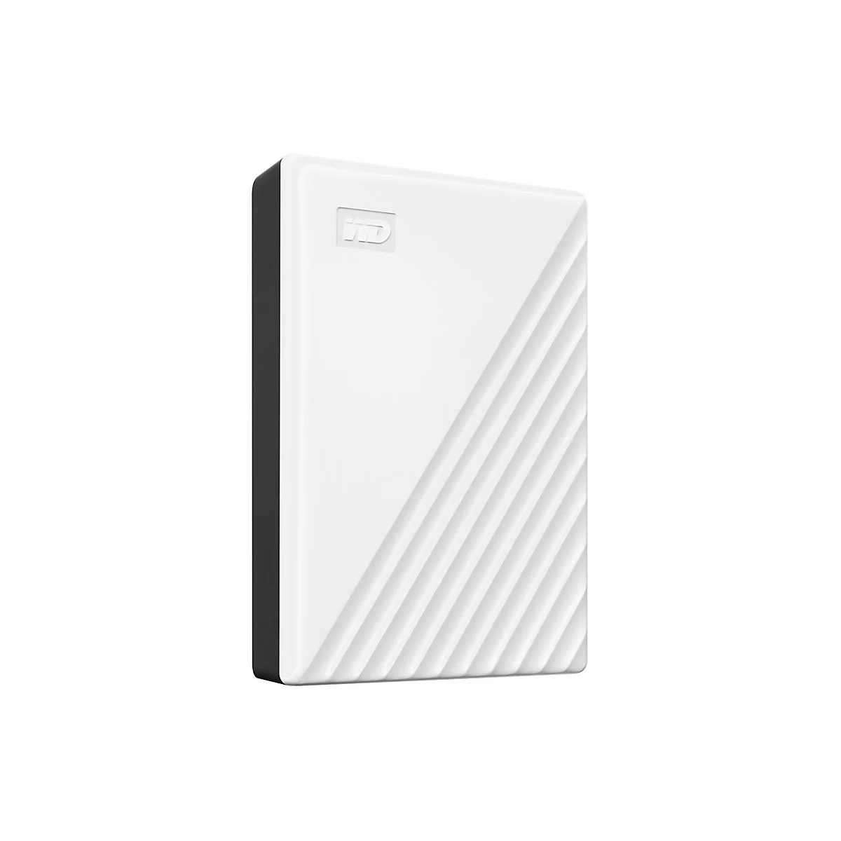Disque dur portable blanc avec bord noir. La surface affiche le logo WD et des lignes diagonales.