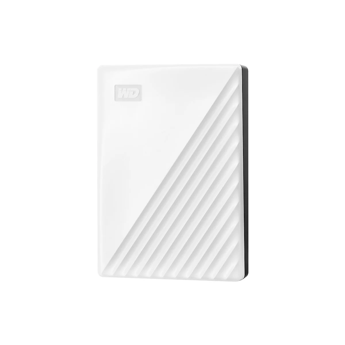 Disque dur portable blanc avec logo WD et texture diagonale sur le devant. Bordure noire.