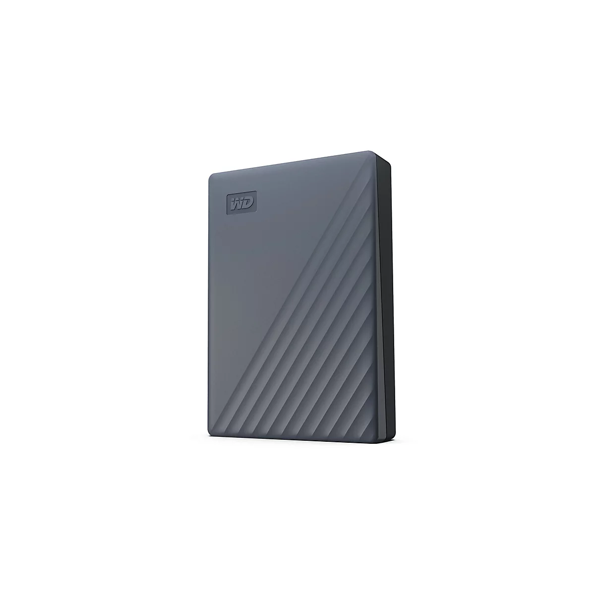 Dunkelgraue externe Festplatte mit diagonaler Rillenstruktur und WD-Logo.