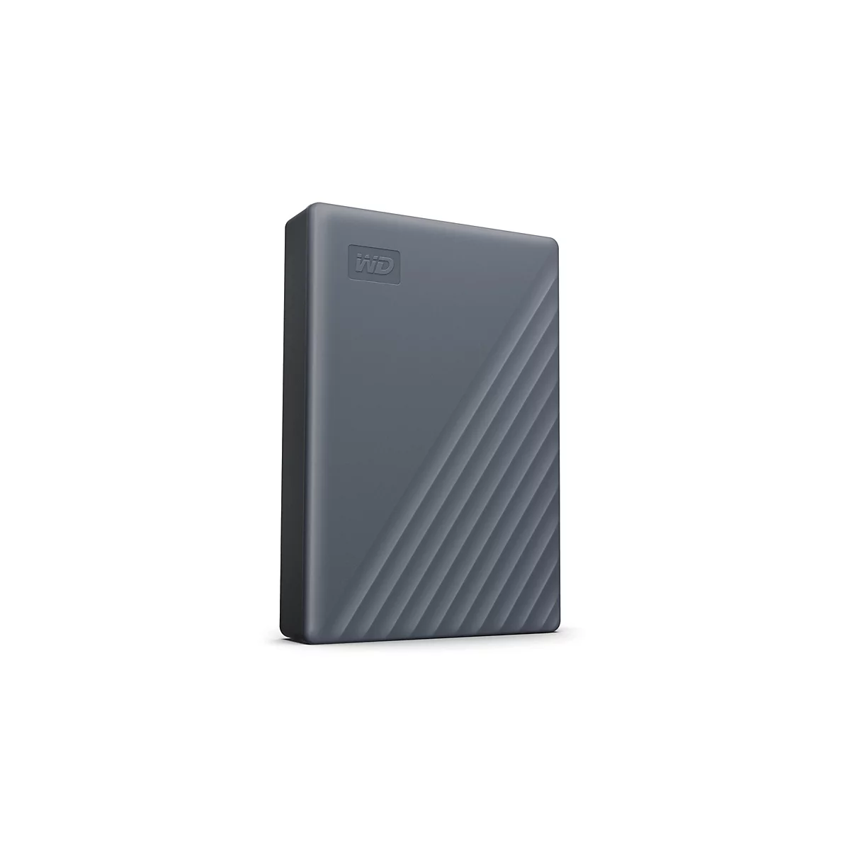 Disque dur externe gris foncé en format portrait, logo sur le devant, rainures diagonales. Fond blanc.