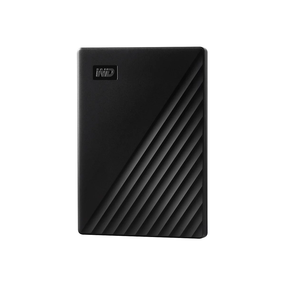 Schwarze externe Festplatte mit WD-Logo, diagonal geriffeltes Design.