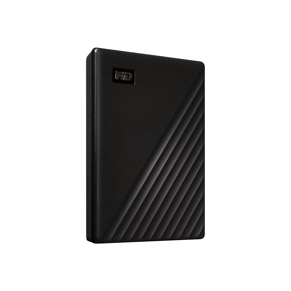 Schwarze externe Festplatte mit WD-Logo und geriffelter Oberfläche.