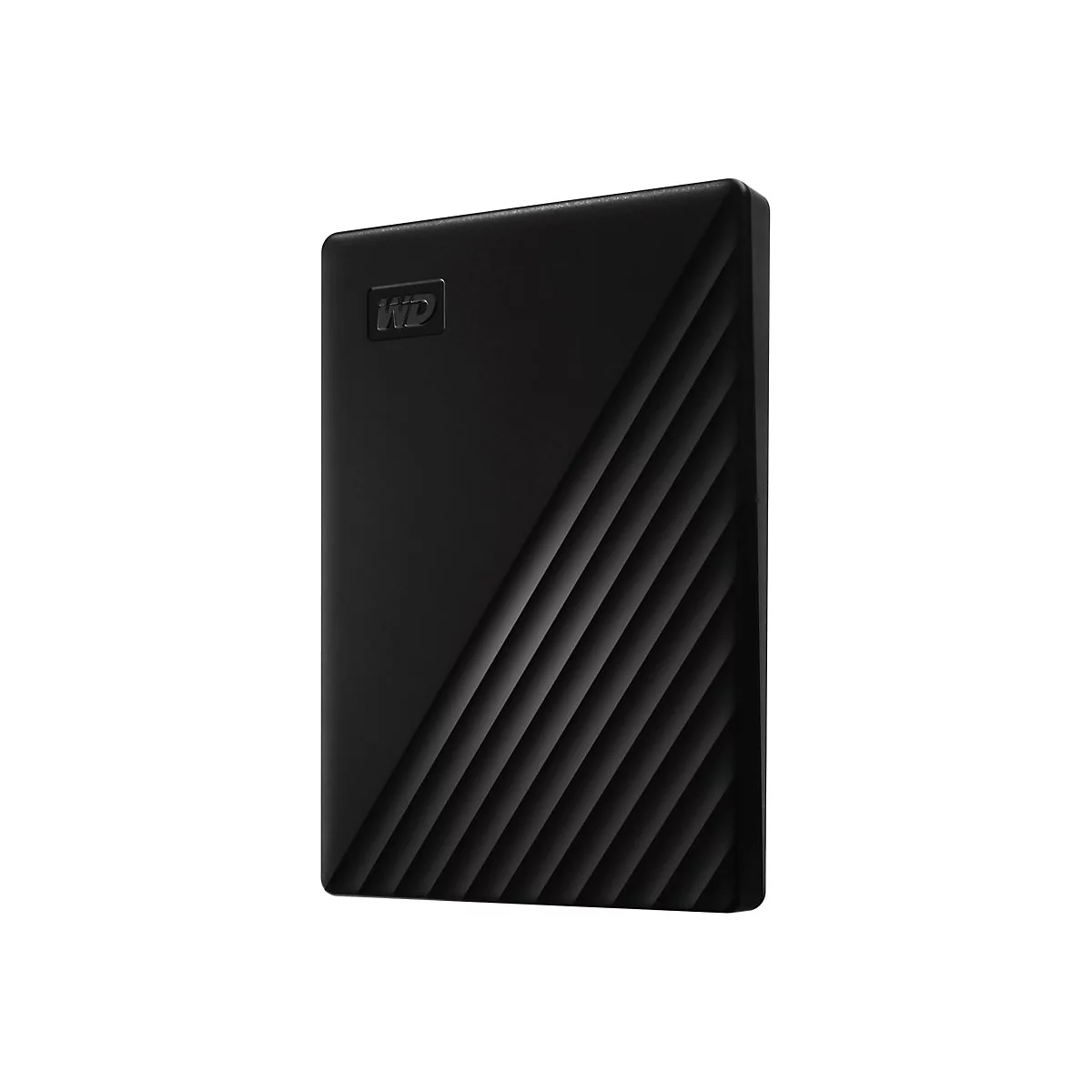 Schwarze externe Festplatte mit WD-Logo und geriffelter Oberfläche.