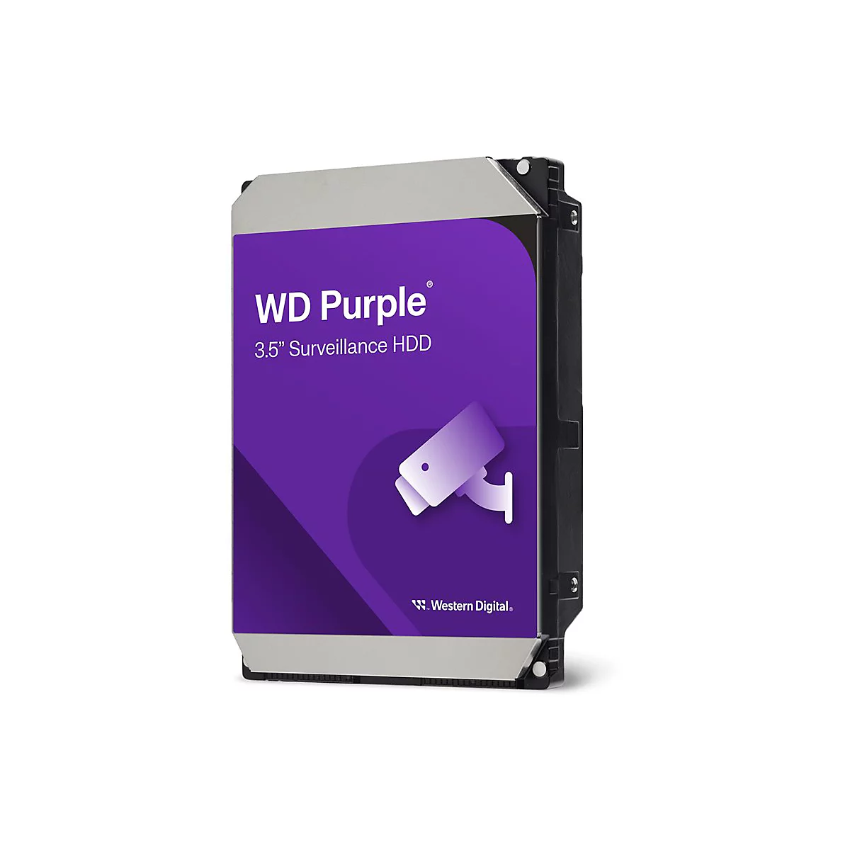 Disque dur WD Purple avec étiquette violette et symbole de caméra de surveillance. Texte : "WD Purple 3.5" Surveillance HDD".