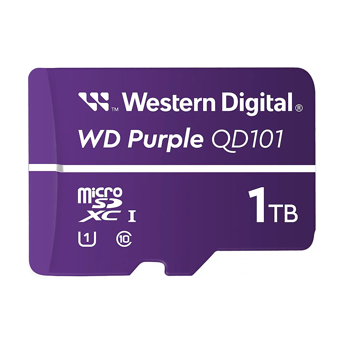 Violette microSD-Karte mit Western Digital und WD Purple QD101-Schriftzug. Kapazität: 1 TB.