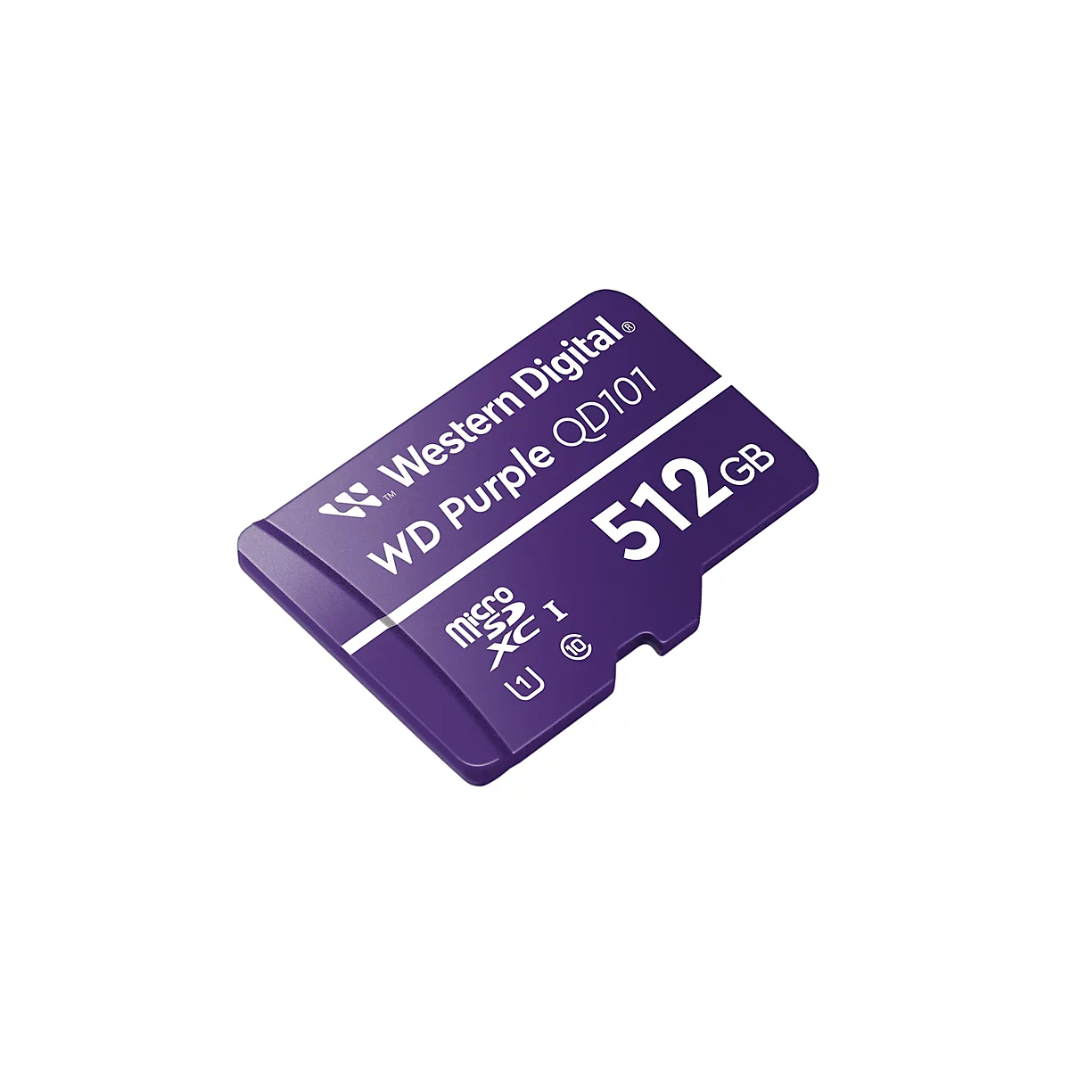 Eine violette Micro-SD-Karte mit den Aufschriften "Western Digital WD Purple QD101 512 GB" auf weißem Hintergrund.