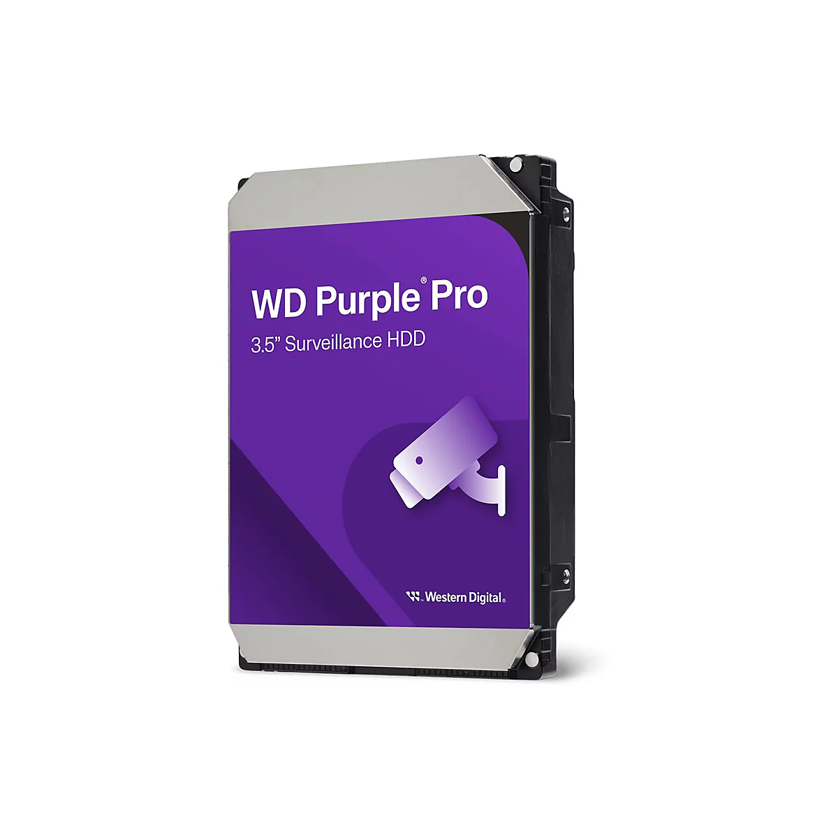 Festplatte WD Purple Pro. Auf lila Hintergrund steht "WD Purple Pro" und "3,5 Zoll Surveillance HDD". Ein Überwachungssymbol ist zu sehen.