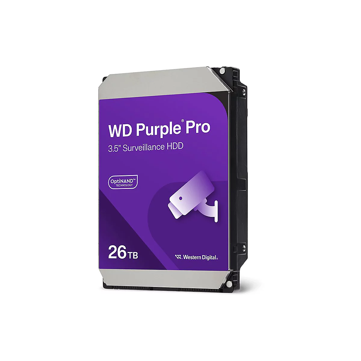 Festplatte WD Purple Pro. Violett-weißes Etikett, Text: 26TB, OptiNAND-Technologie. Abgebildet ist eine Überwachungskamera.