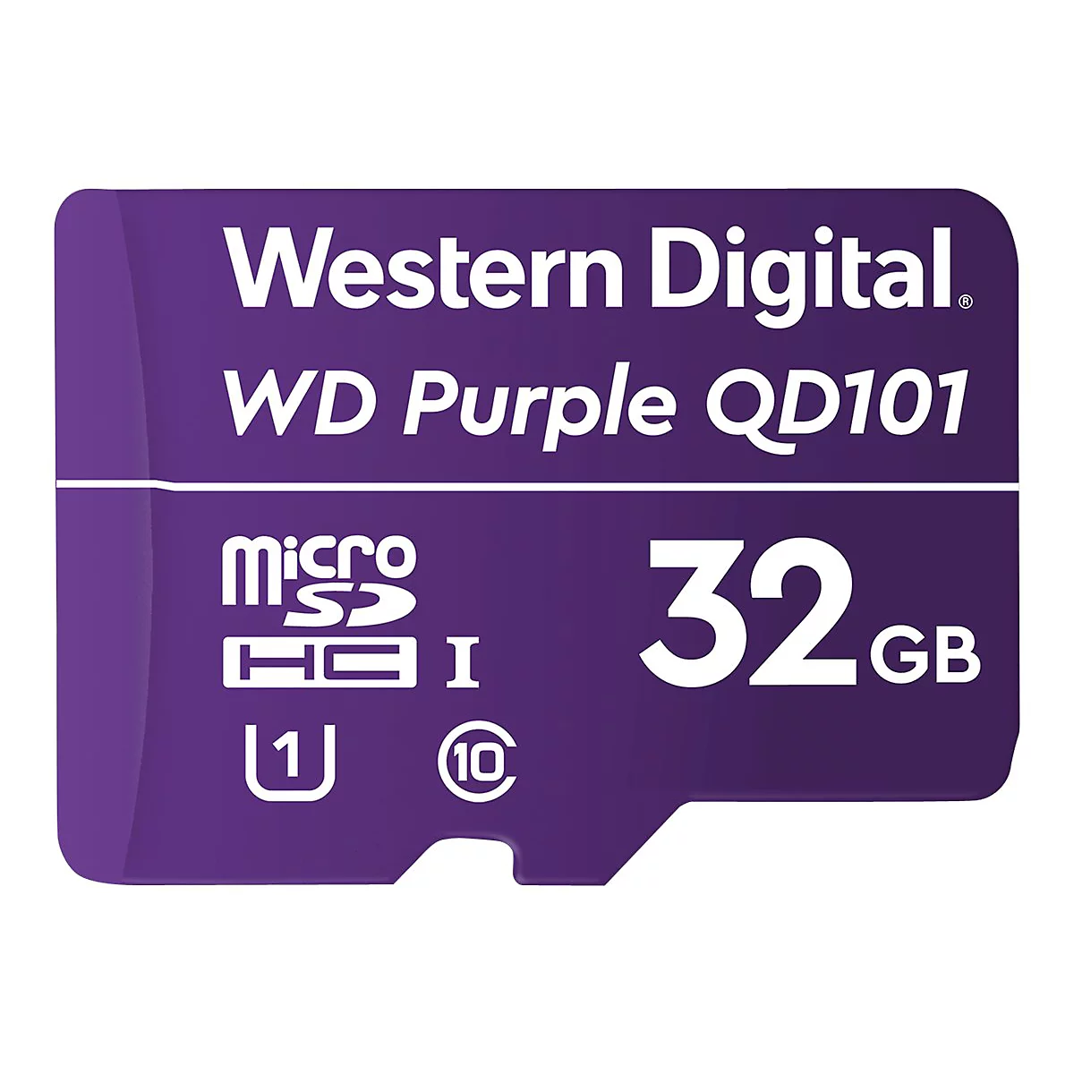 Une carte micro SD violette avec le texte Western Digital, WD Purple QD101 et 32 Go.