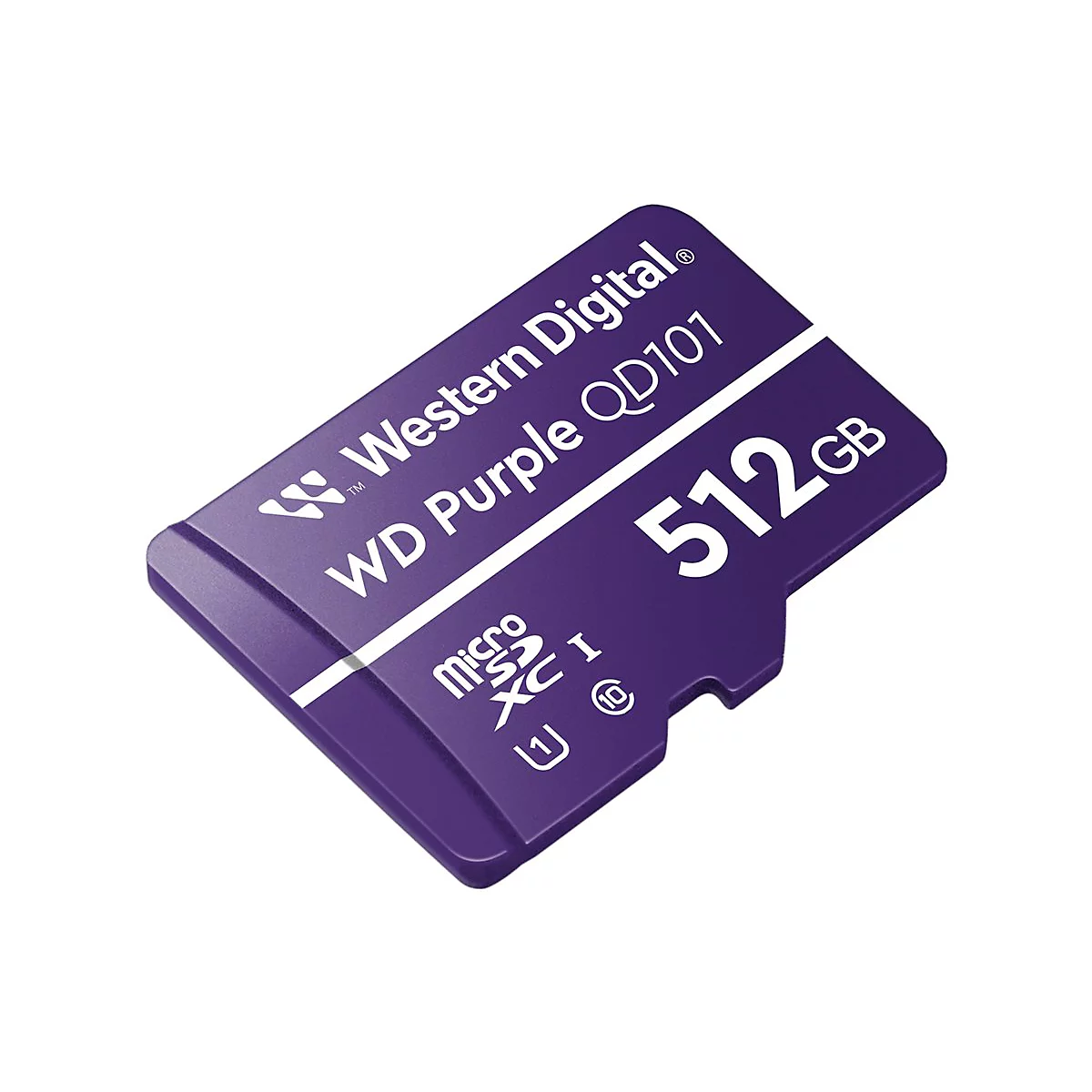 Une carte micro SD violette de Western Digital. Texte: WD Purple QD101 512 Go.