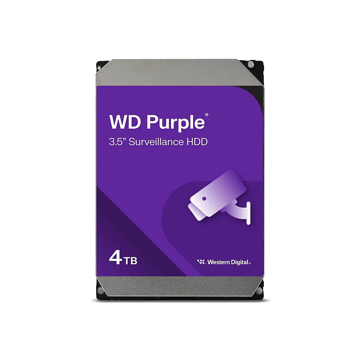 Festplatte WD Purple mit Logo und Aufdrucken, 4 TB, grauer Rahmen, lila Hintergrund.
