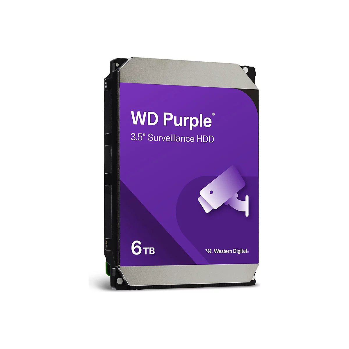 Festplatte WD Purple, 6 TB Speicherkapazität. Aufdruck "WD Purple" und Logo einer Überwachungskamera. Gehäuse in Schwarz und Grau.