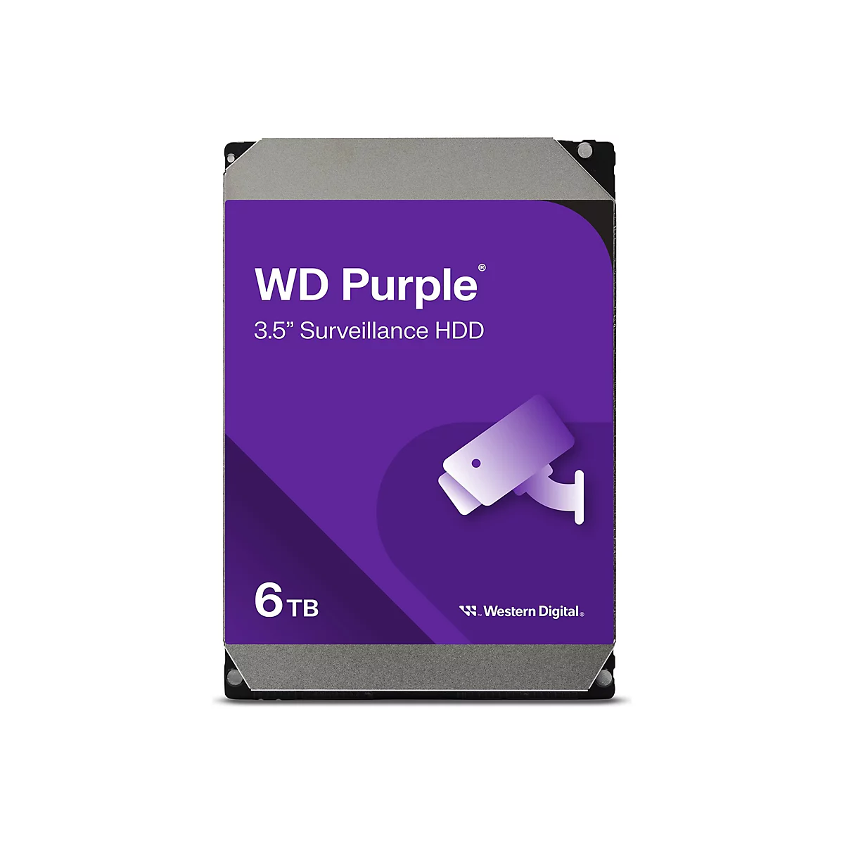 Festplatte WD Purple, 3,5 Zoll, 6 TB, lila Label mit Logo, Überwachungskamera-Symbol.