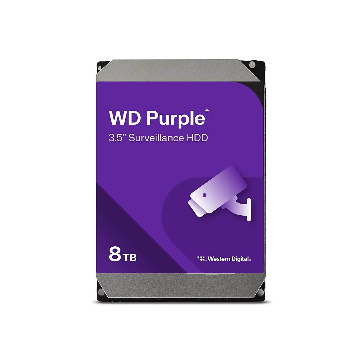 Festplatte WD Purple, 8TB, lila Aufkleber, Überwachungskamera-Symbol.
