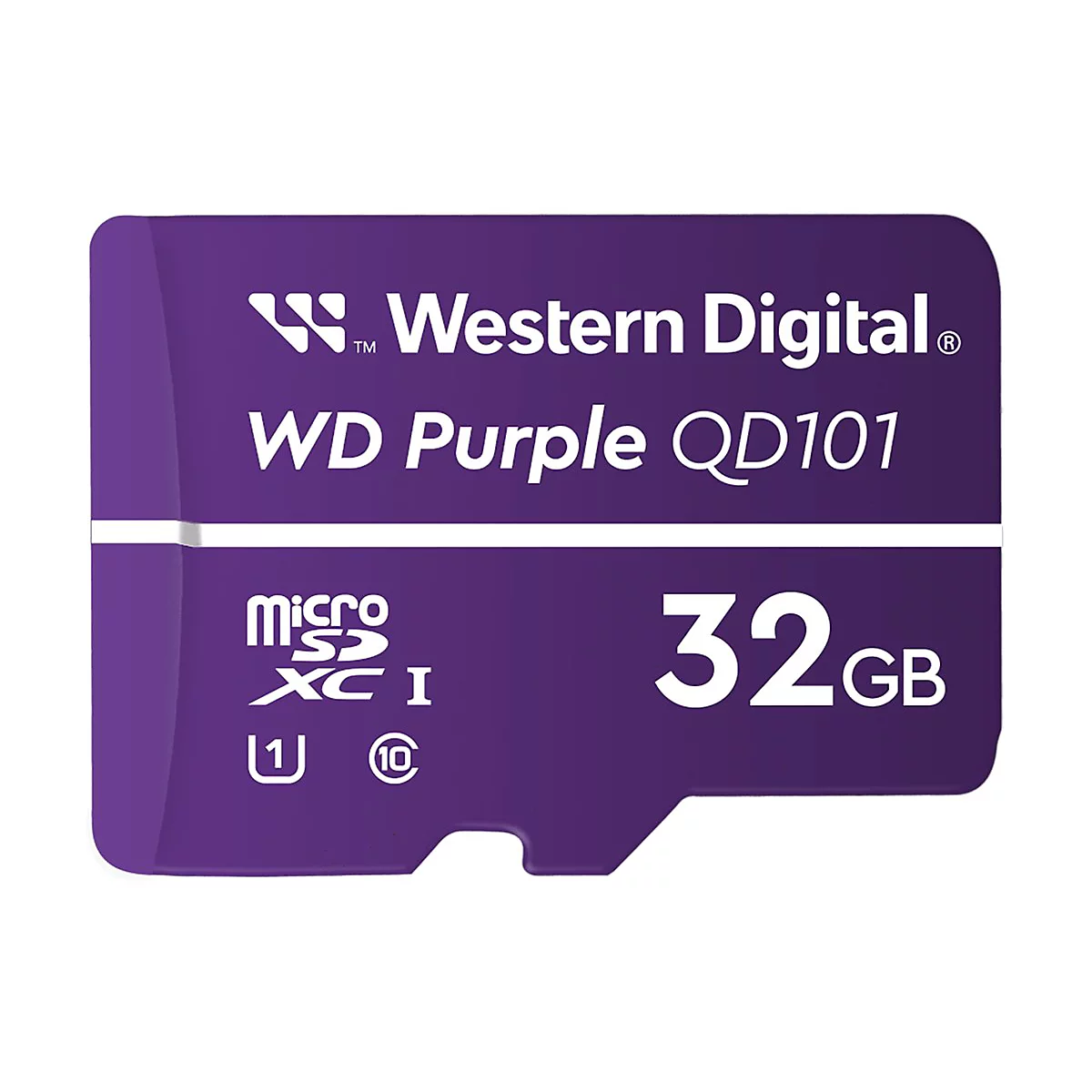 Eine violette Micro-SD-Karte mit weißer Aufschrift: Western Digital WD Purple QD101 32 GB.