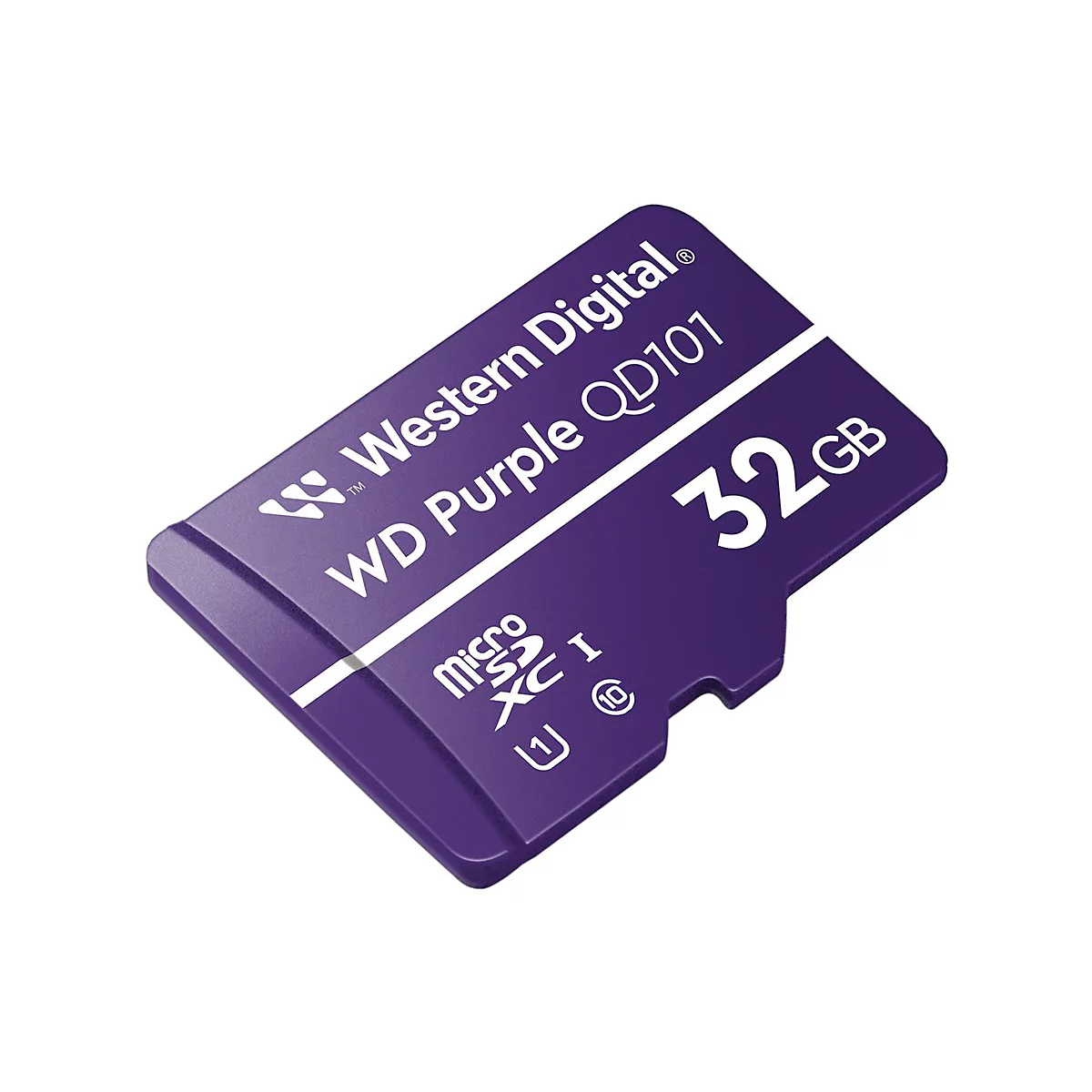 Violette microSD-Karte mit der Aufschrift Western Digital, WD Purple, QD101, 32 GB.