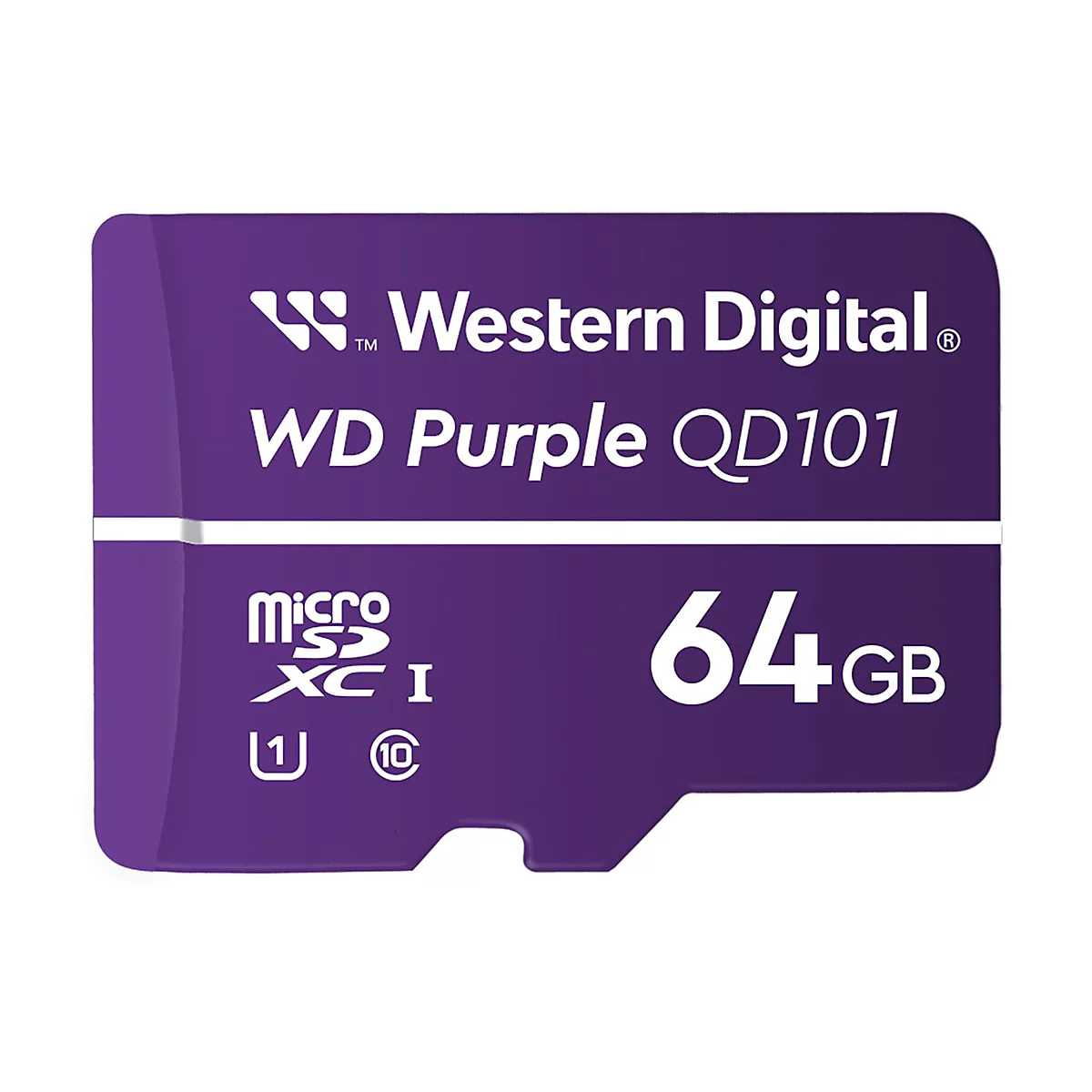 Violette MicroSD-Karte von Western Digital mit 64 GB Speicherkapazität, Produktname und Logos.