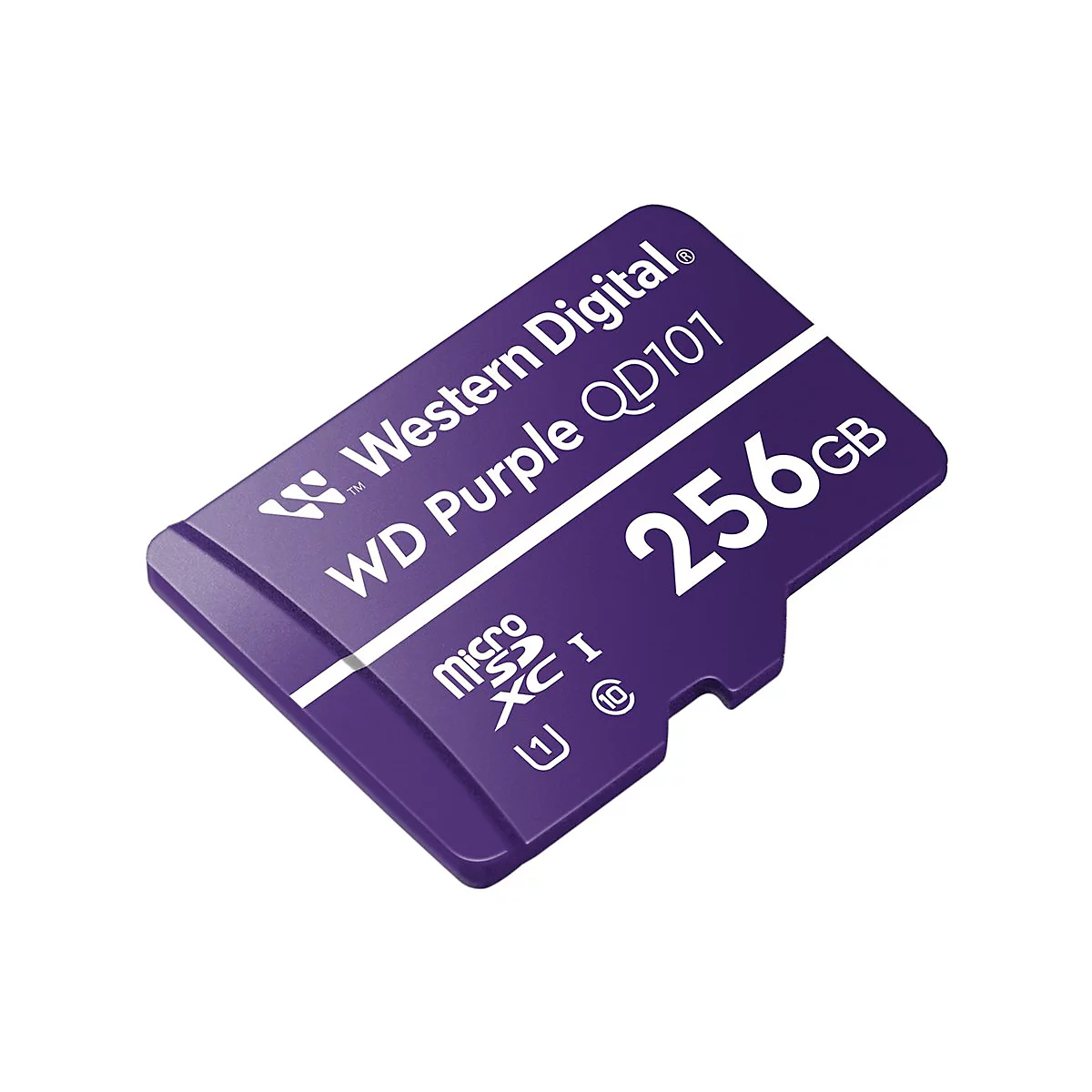 Eine violette Micro-SD-Karte mit den Aufschriften Western Digital, WD Purple, QD101 und 256GB.