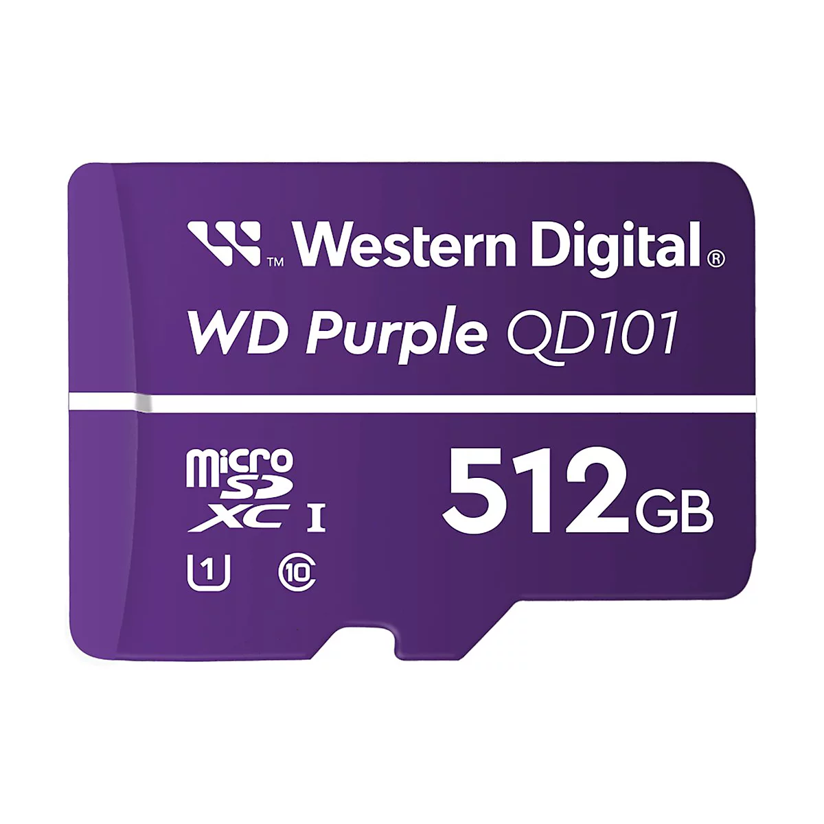 Eine violette microSD-Karte mit der Aufschrift 'Western Digital WD Purple QD101' und '512 GB'.