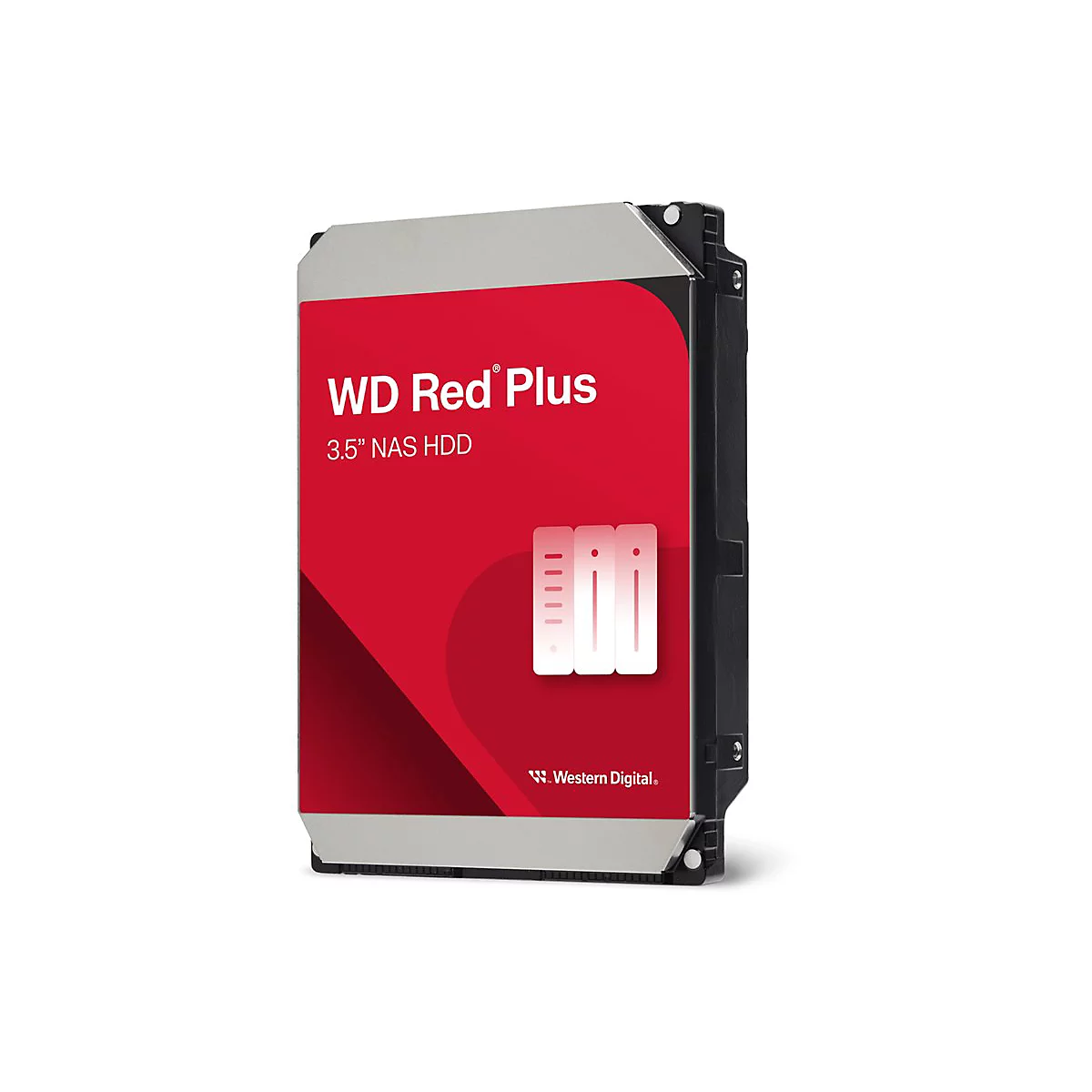Festplatte WD Red Plus. Roter Hintergrund mit Logo und Schriftzug. Schwarze und silberne Elemente am Rand.