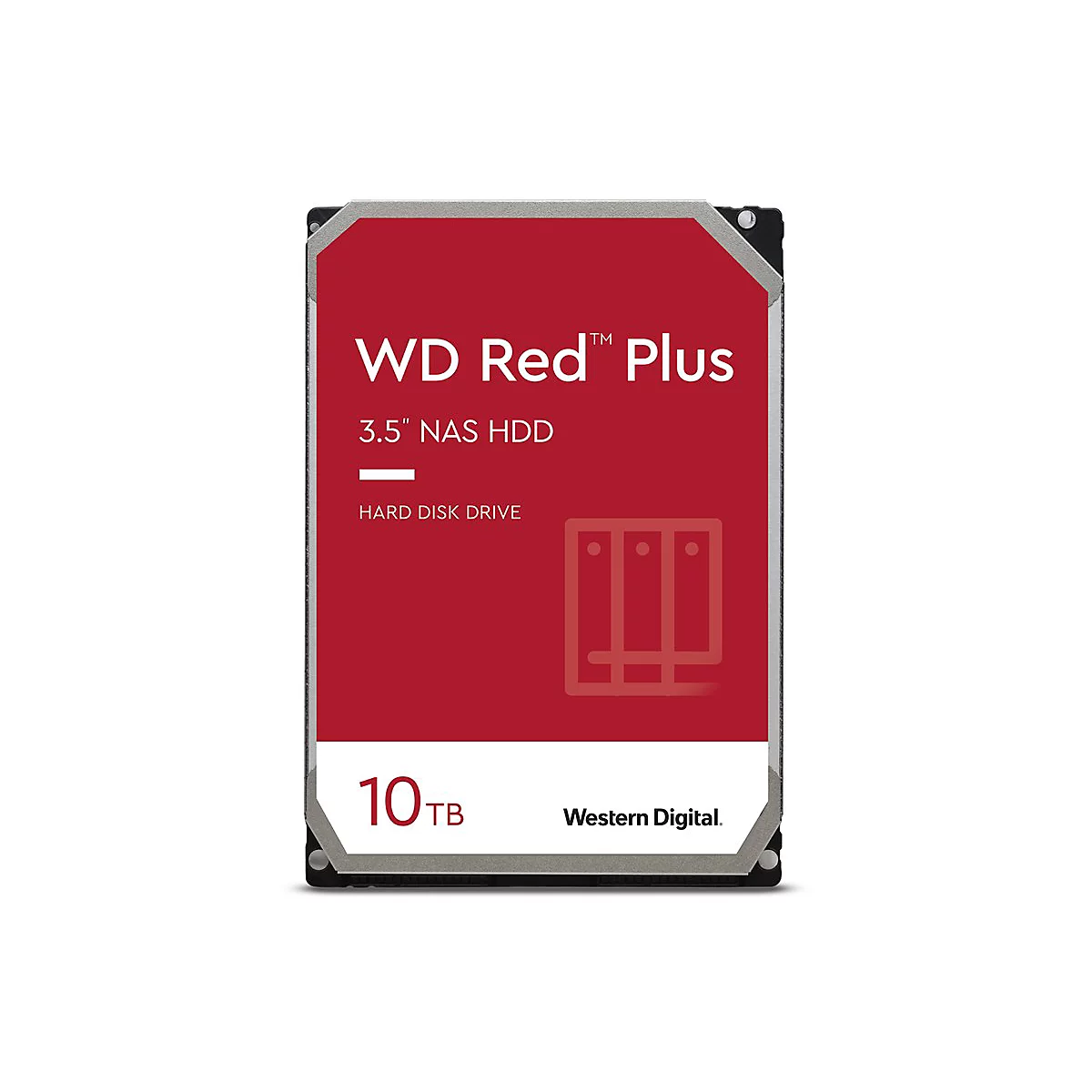 Eine Festplatte von WD Red Plus mit rotem Label, 10 TB, 3,5 Zoll NAS HDD.