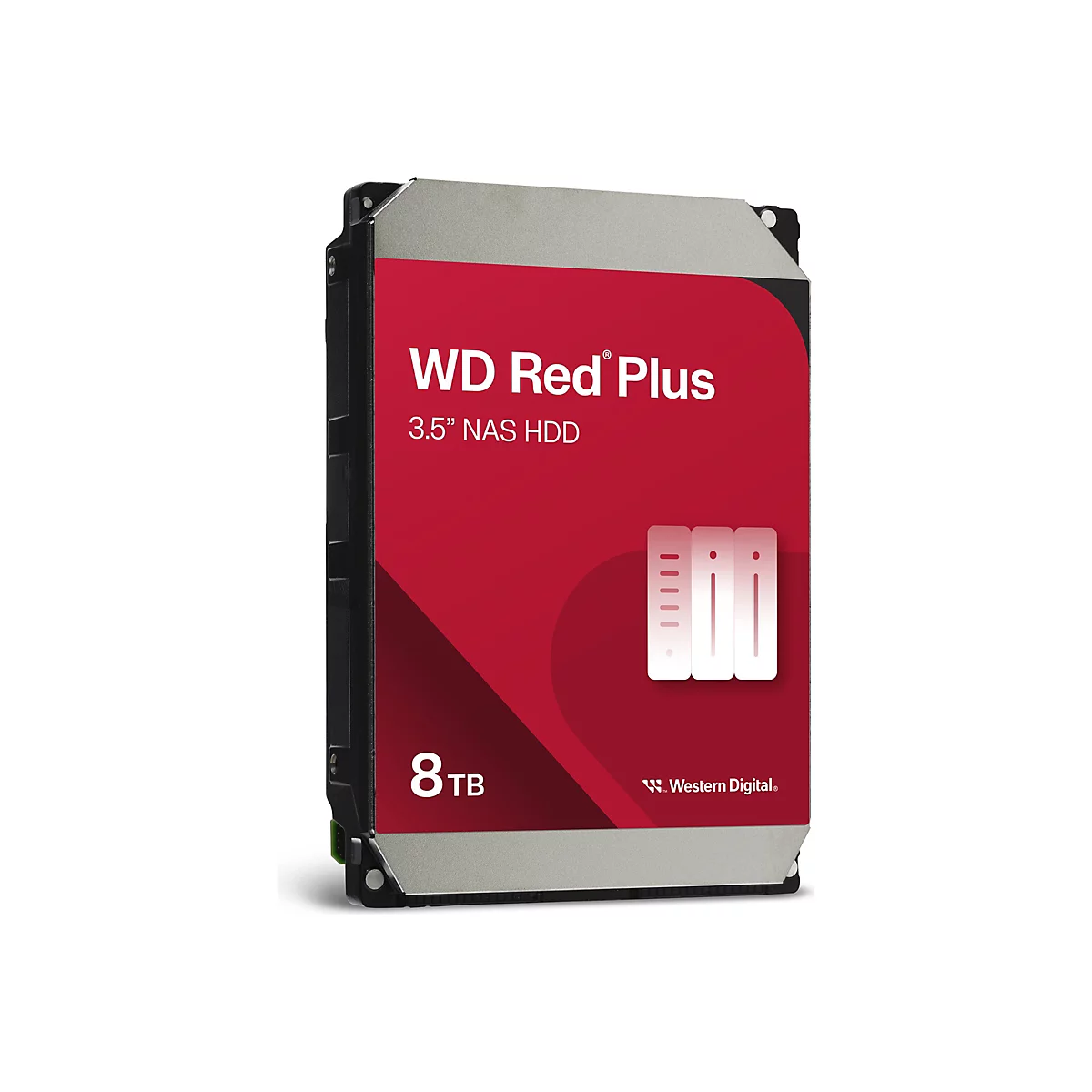 Festplatte WD Red Plus mit 8TB Speicher, rotes Etikett, grauer Deckel.