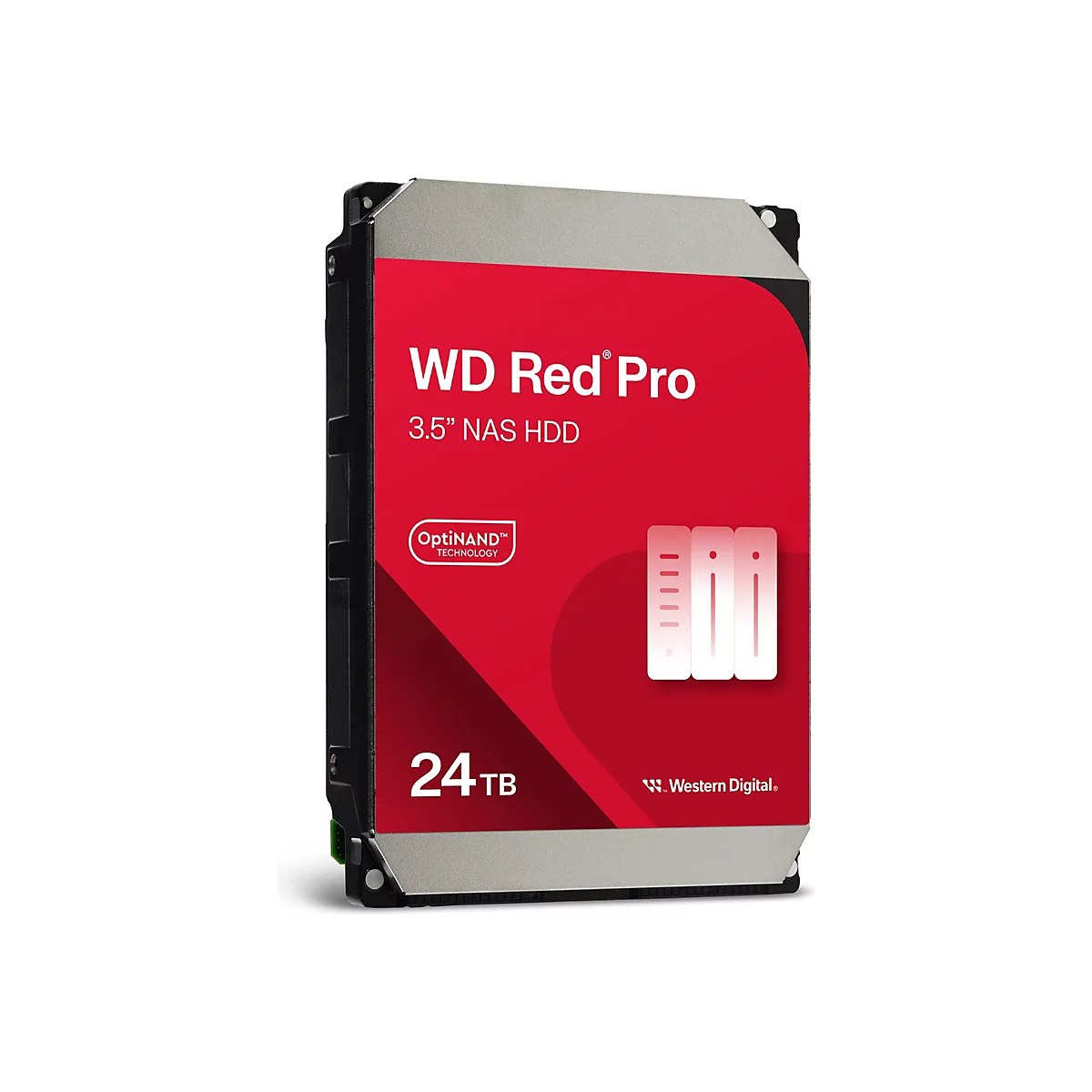 Festplatte WD Red Pro mit roter Oberfläche, schwarzem Rahmen und grauer Oberseite. Schriftzug: 24 TB. Logo: Western Digital.